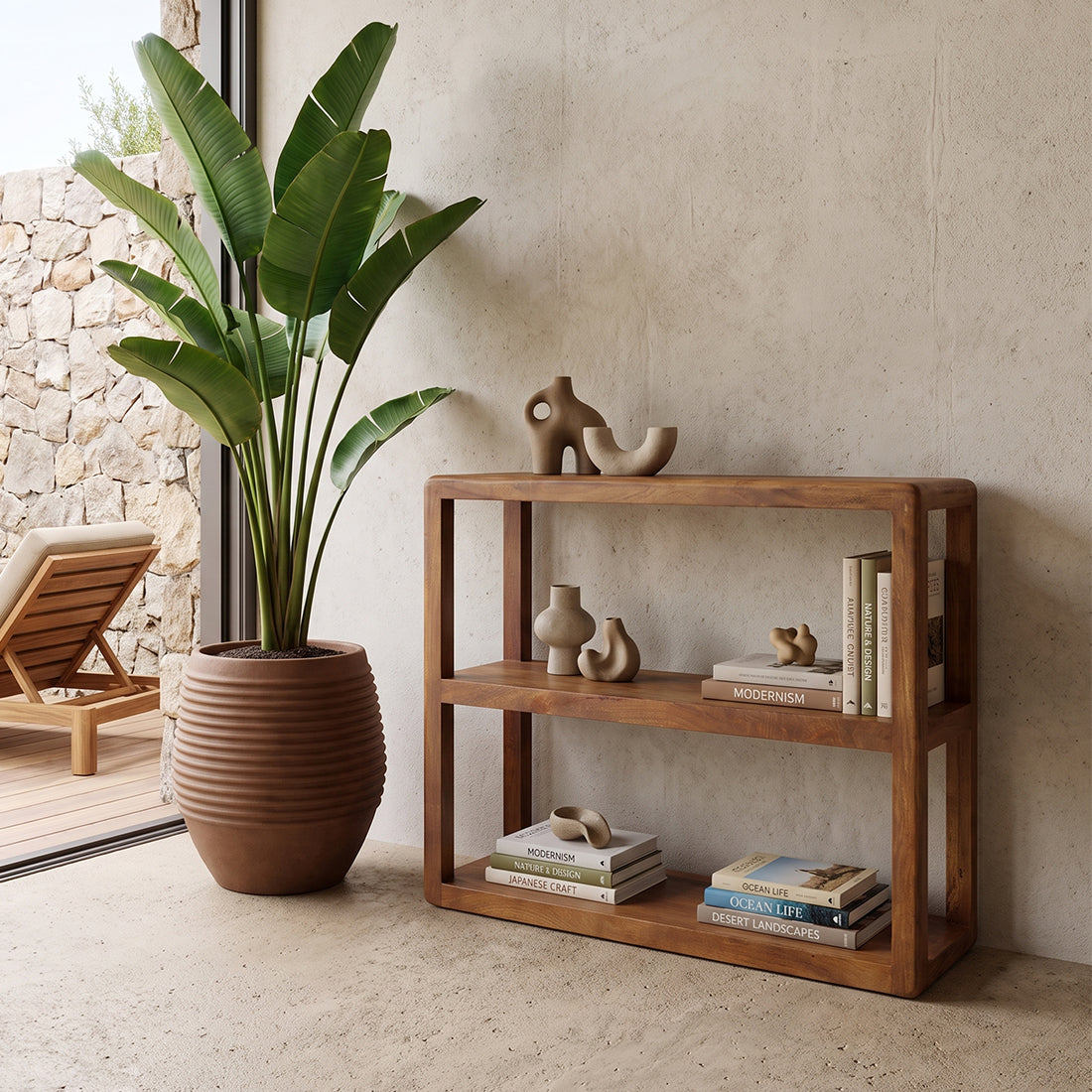 Regal Bullnose 100cm aus Massivholz mit 2 offenen Fächern - Braun
