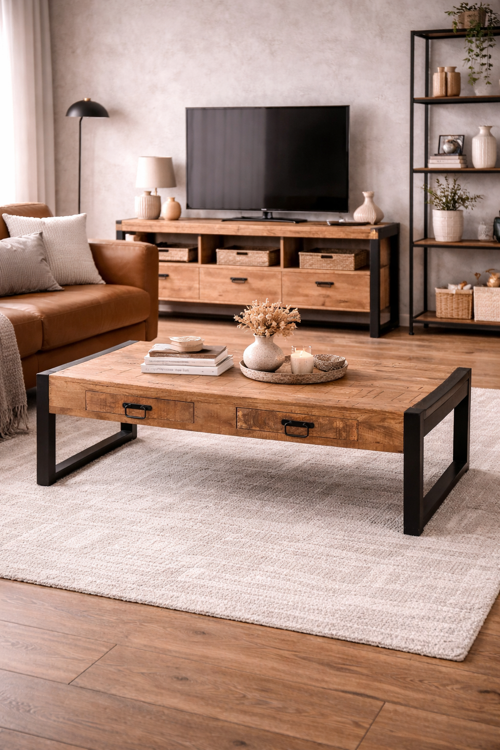 Couchtisch Britt 140cm mit Schubladen aus Mangoholz - Hellbraun