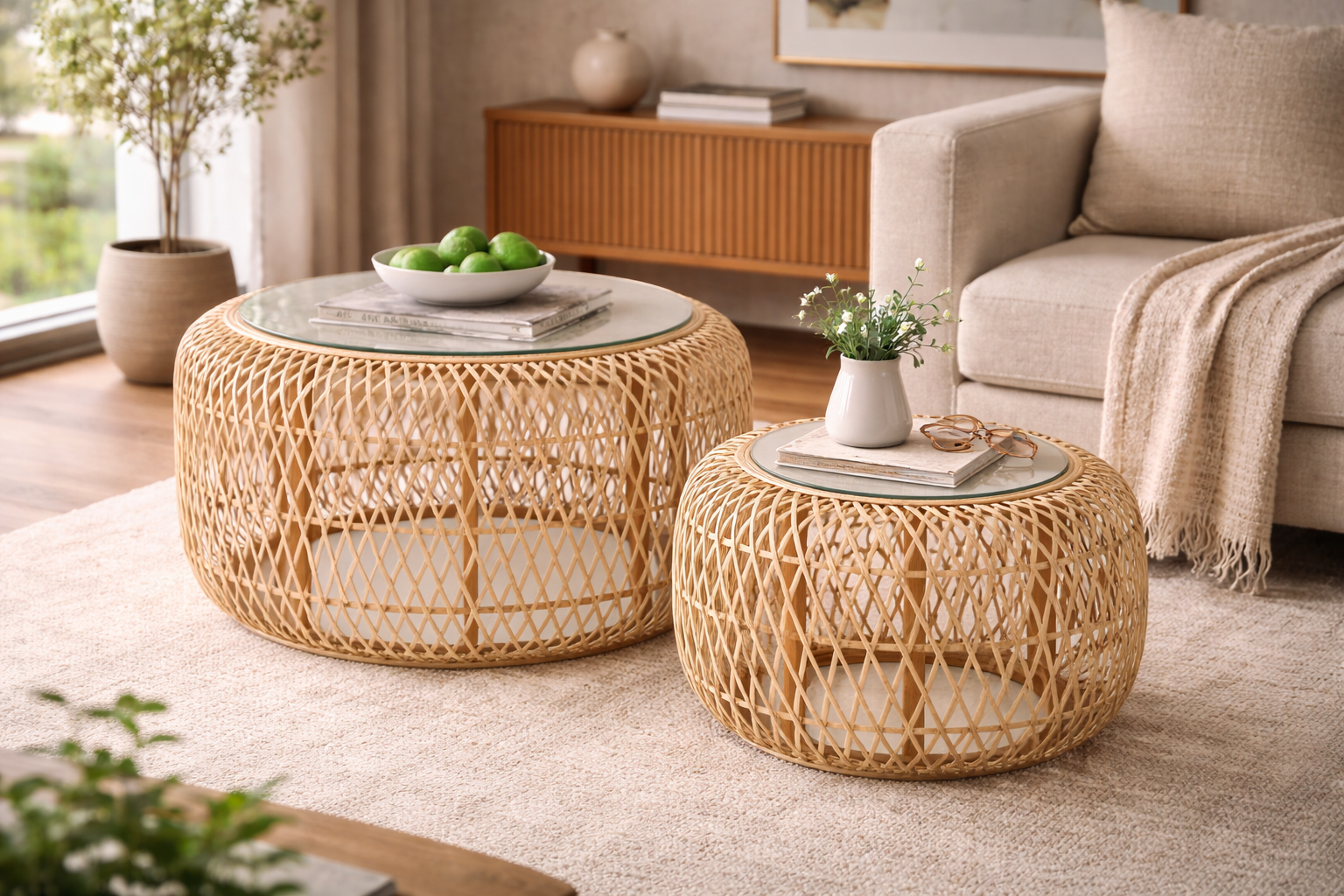 Beistelltische aus Bambus und Tannenholz, 2er-Set - Natur