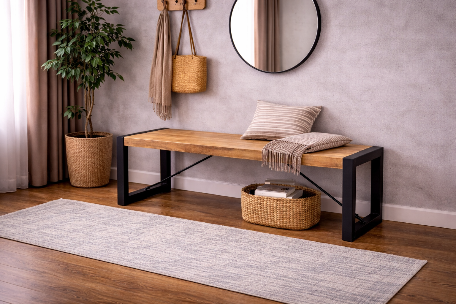 Sitzbank Britt aus Mangoholz 140cm mit Stahlrahmen - Hellbraun