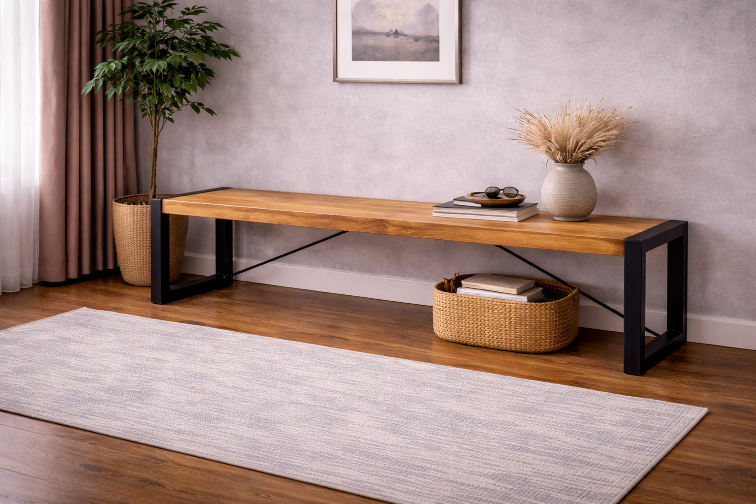 Sitzbank Britt aus Mangoholz 180cm mit Stahlrahmen - Hellbraun