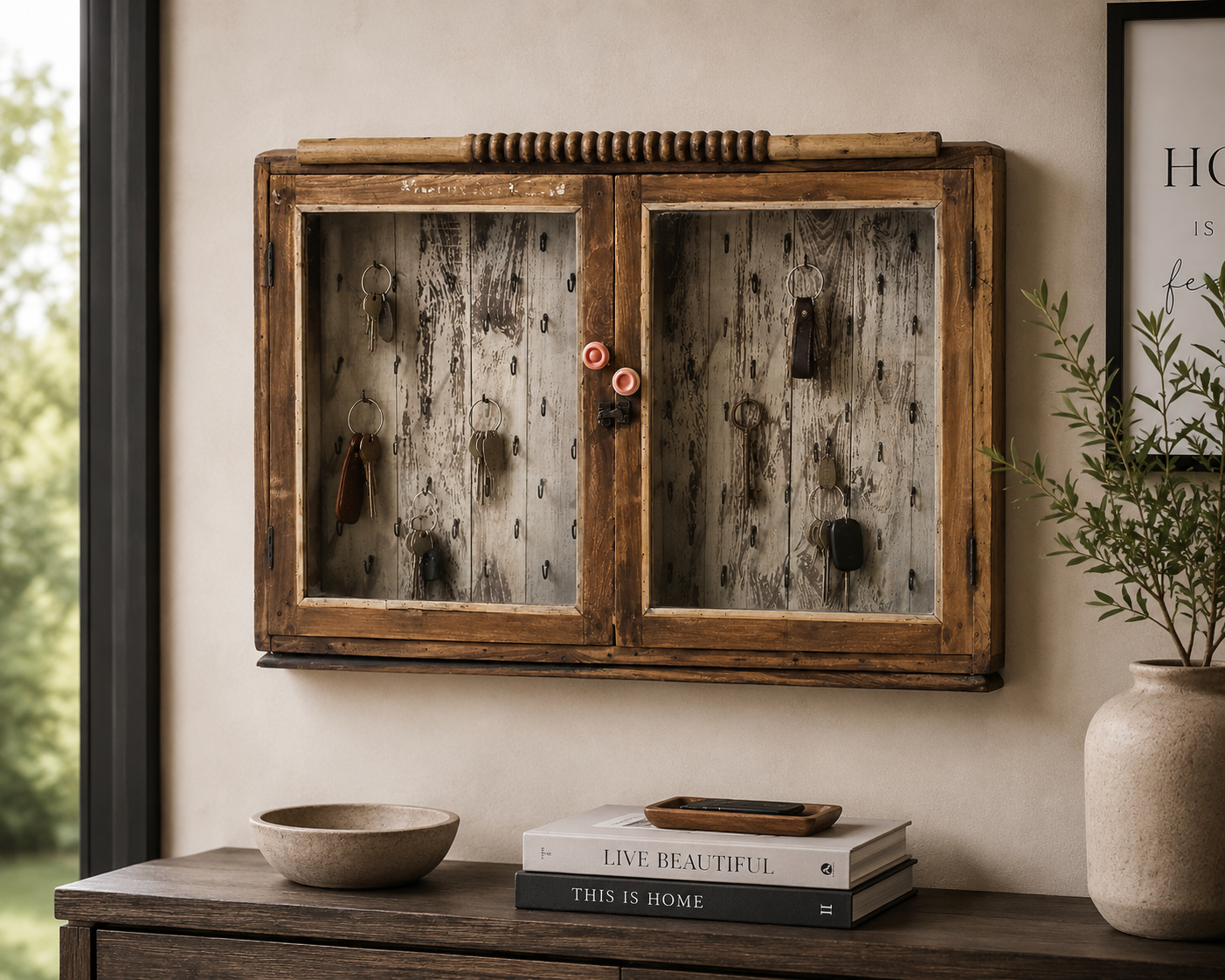 Schlüsselschrank Vintage 92cm mit Glastüren