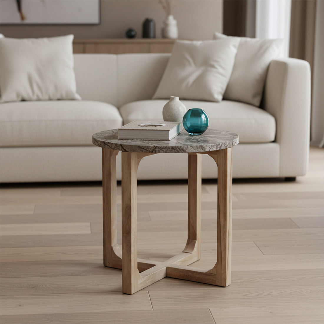 Beistelltisch Bizar aus Mangoholz mit Marmorplatte Ø50cm - Braun-Beistelltische-Raw Materials-le canapé