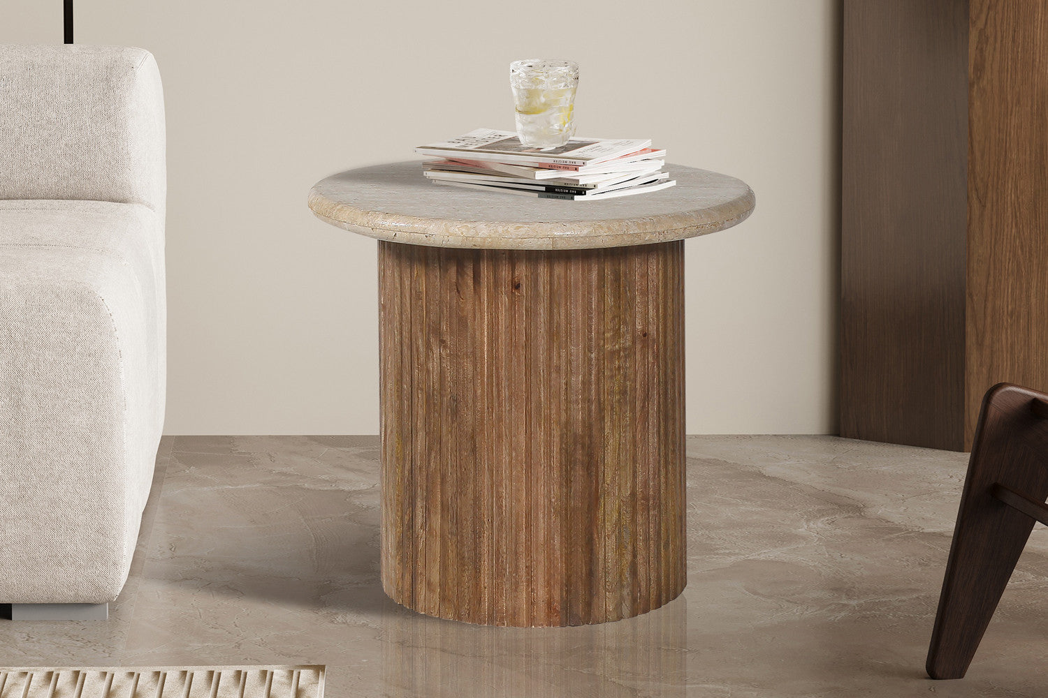 Beistelltisch Louis Ø50cm mit Travertin-Steinplatte - Beige-Beistelltisch-Rousseau-le canapé