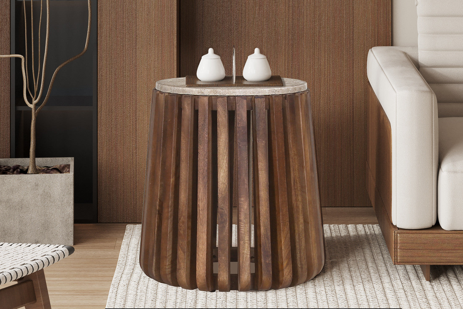 Beistelltisch Luuk Ø40cm mit Travertin-Steinplatte - Braun/Beige-Beistelltisch-Rousseau-le canapé