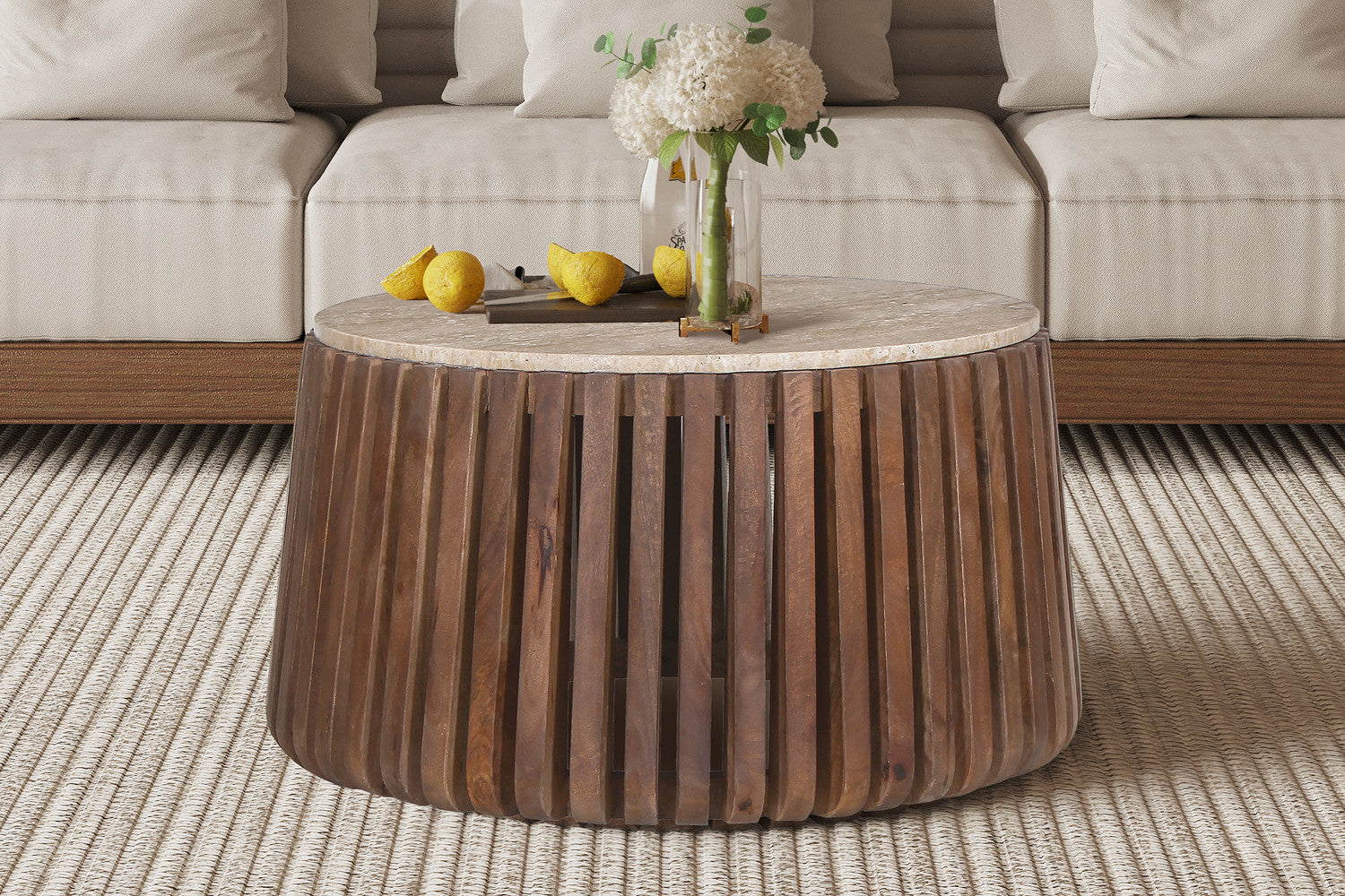Couchtisch Luuk Ø70cm mit Travertin-Steinplatte - Braun/Beige-Couchtisch-Rousseau-le canapé