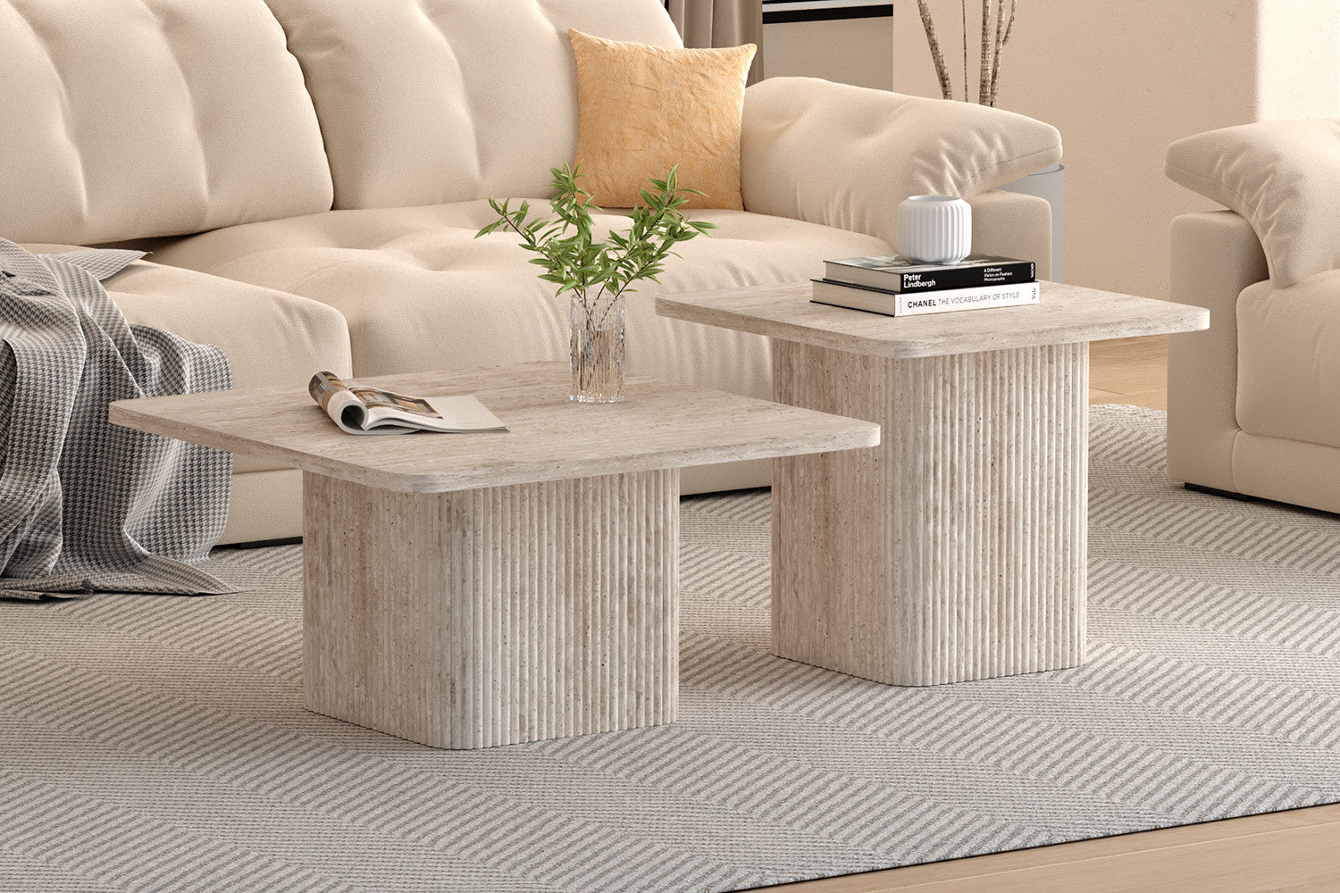 Couchtische Bobby in Keramik Travertin Optik, 2er-Set - Beige-Couchtisch-Rousseau-le canapé