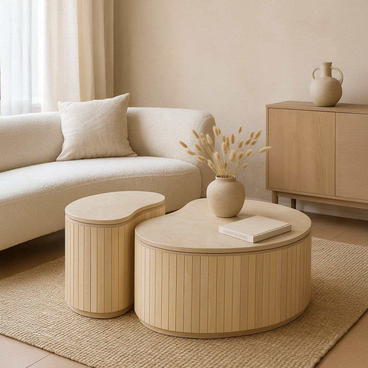 Couchtische Sorai aus Mangoholz und Marmor, 2er-Set - Beige-Couchtisch-Livingfurn-le canapé