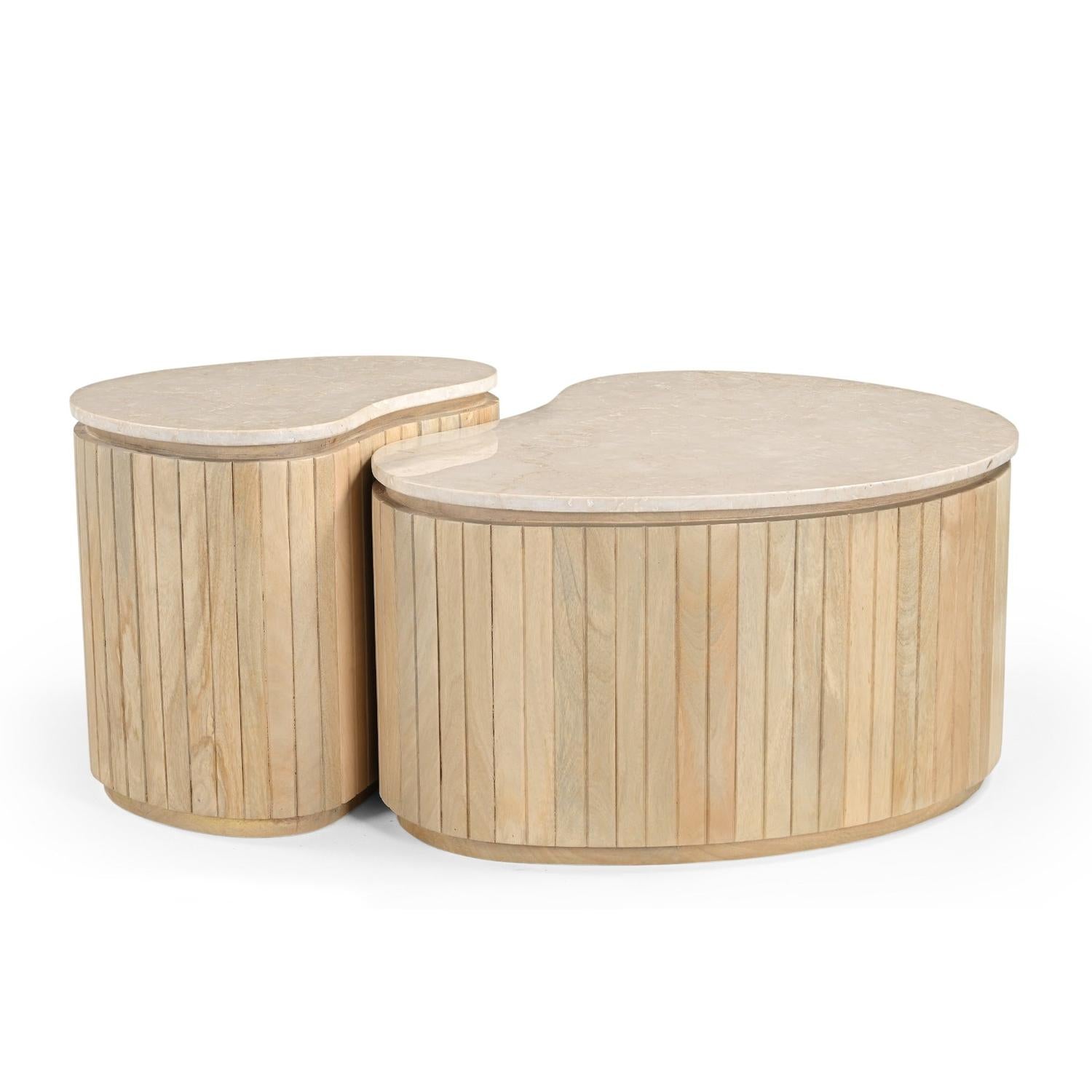 Couchtische Sorai aus Mangoholz und Marmor, 2er-Set - Beige-Couchtisch-Livingfurn-le canapé