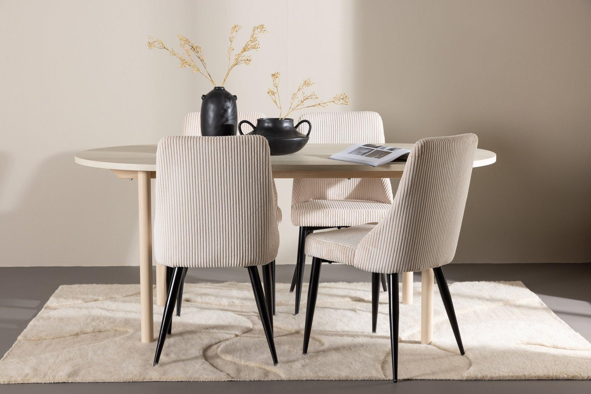 Essgruppe Esstisch Andy 180*90cm mit Stühlen Leone aus Kord - Weiß/Beige-Essgruppen Oval-Venture Home-le canapé