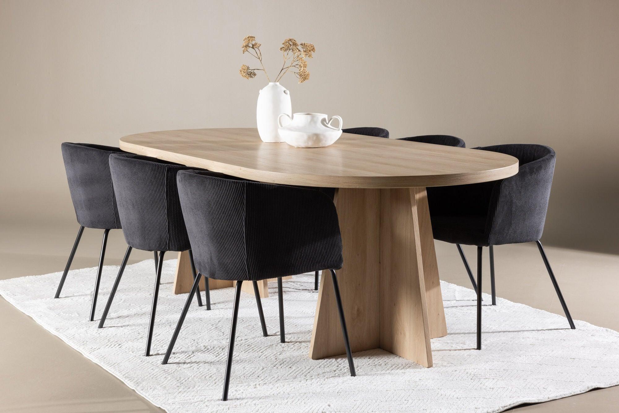 Essgruppe Esstisch Bootcut 230*115cm mit Stühlen Berit aus Kord - Hellbraun/Schwarz-Essgruppen Oval-Venture Home-le canapé