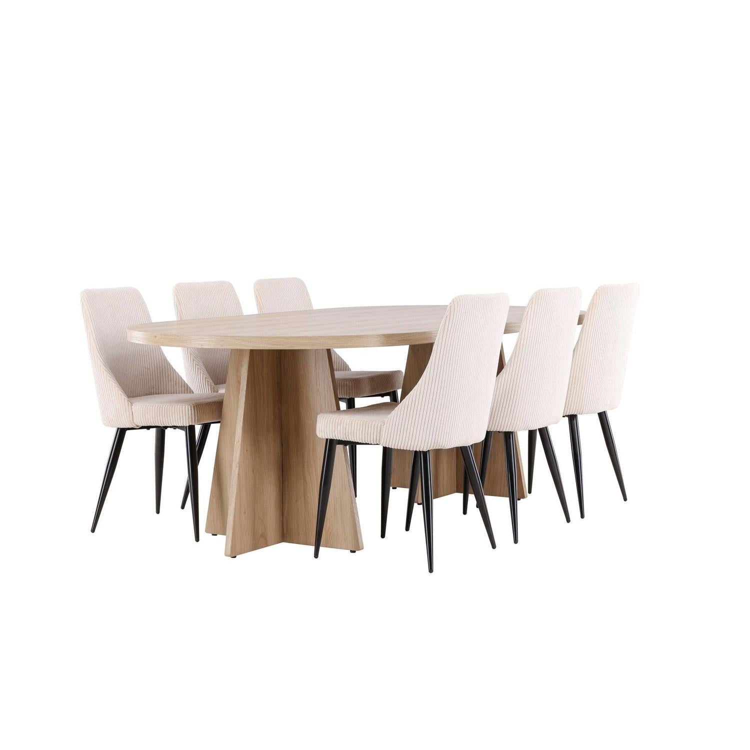 Essgruppe Esstisch Bootcut 230*115cm mit Stühlen Leone aus Kord - Hellbraun/beige-Essgruppen Oval-Venture Home-le canapé