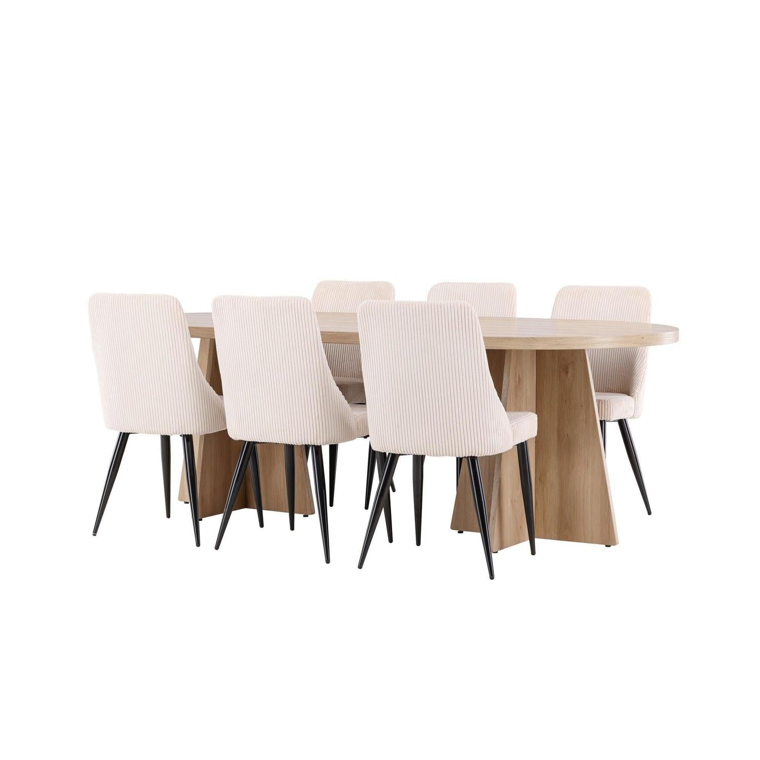 Essgruppe Esstisch Bootcut 230*115cm mit Stühlen Leone aus Kord - Hellbraun/beige-Essgruppen Oval-Venture Home-le canapé