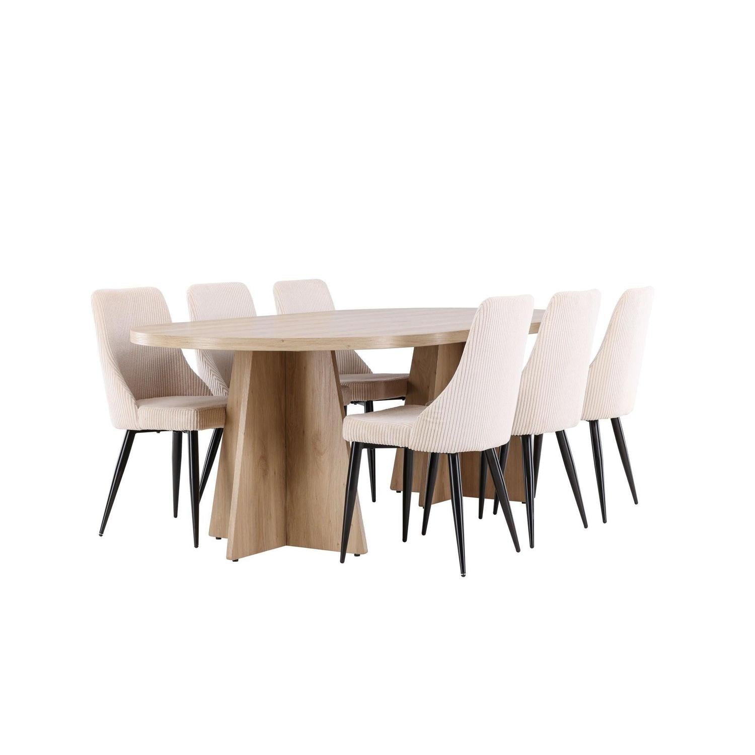 Essgruppe Esstisch Bootcut 230*115cm mit Stühlen Leone aus Kord - Hellbraun/beige-Essgruppen Oval-Venture Home-le canapé
