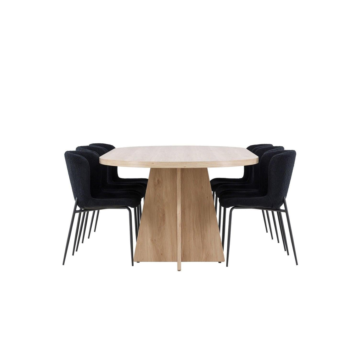 Essgruppe Esstisch Bootcut 230*115cm mit Stühlen Modesto aus Teddy-Bouclé - Hellbraun/Schwarz-Essgruppen Oval-Venture Home-le canapé