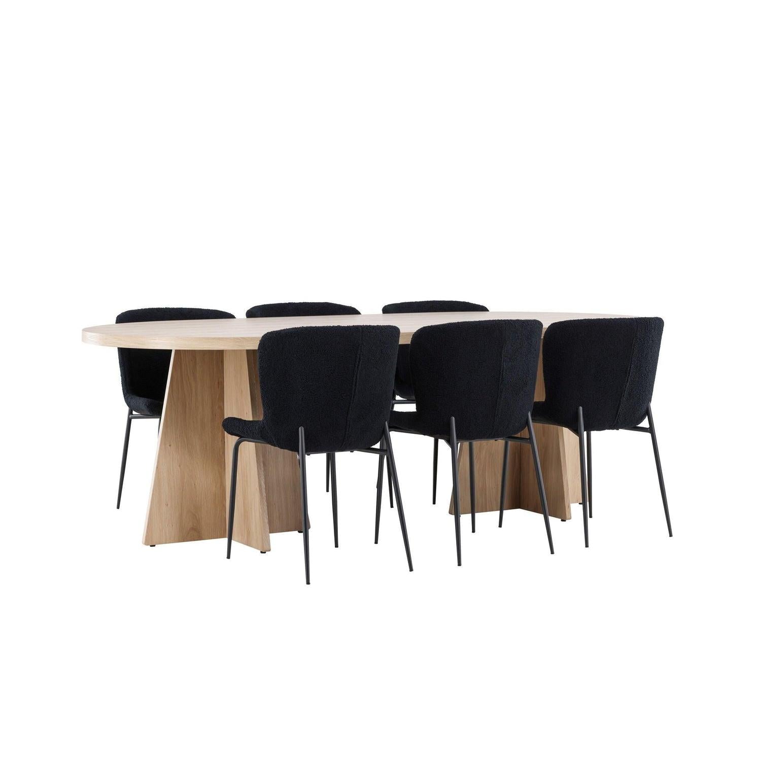Essgruppe Esstisch Bootcut 230*115cm mit Stühlen Modesto aus Teddy-Bouclé - Hellbraun/Schwarz-Essgruppen Oval-Venture Home-le canapé