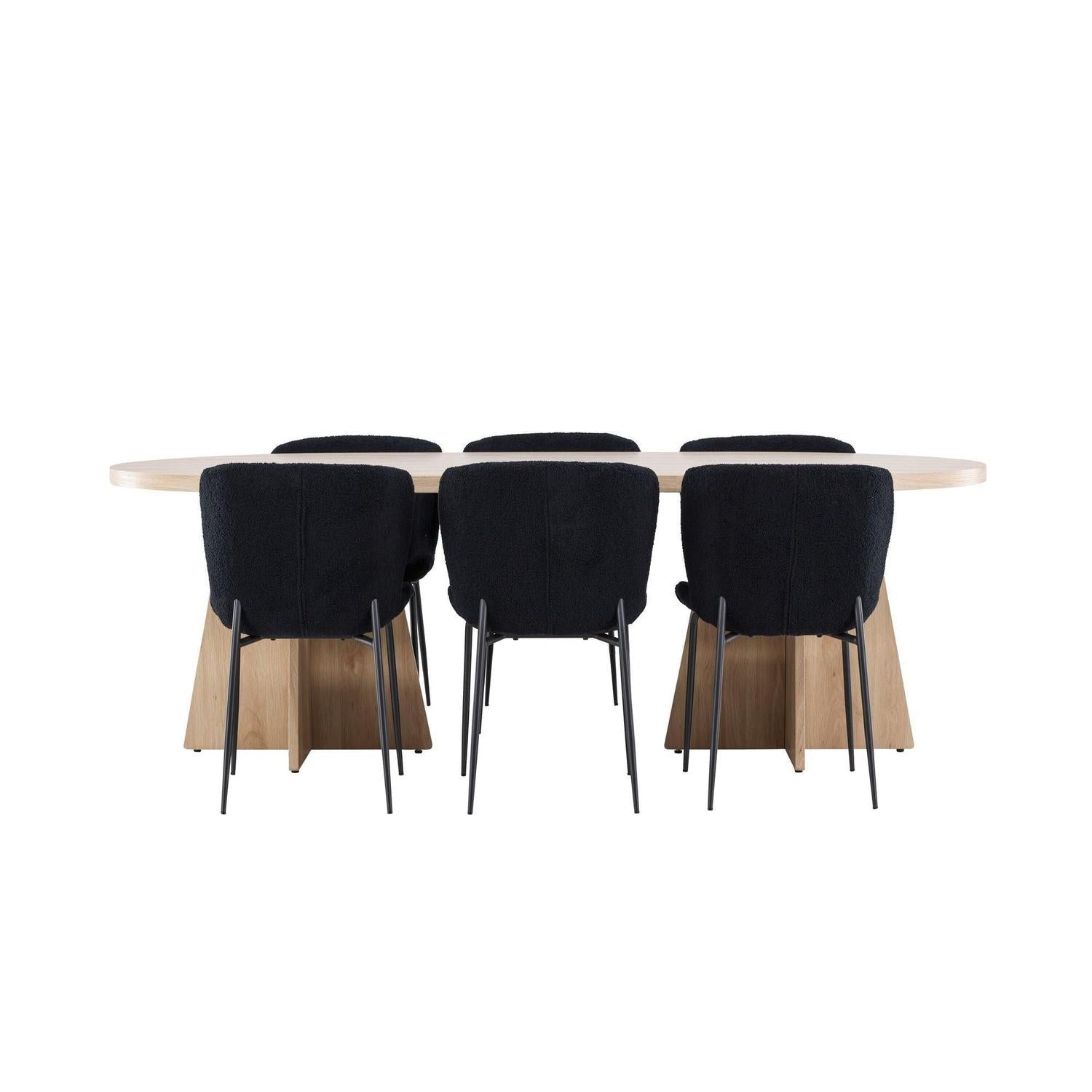 Essgruppe Esstisch Bootcut 230*115cm mit Stühlen Modesto aus Teddy-Bouclé - Hellbraun/Schwarz-Essgruppen Oval-Venture Home-le canapé