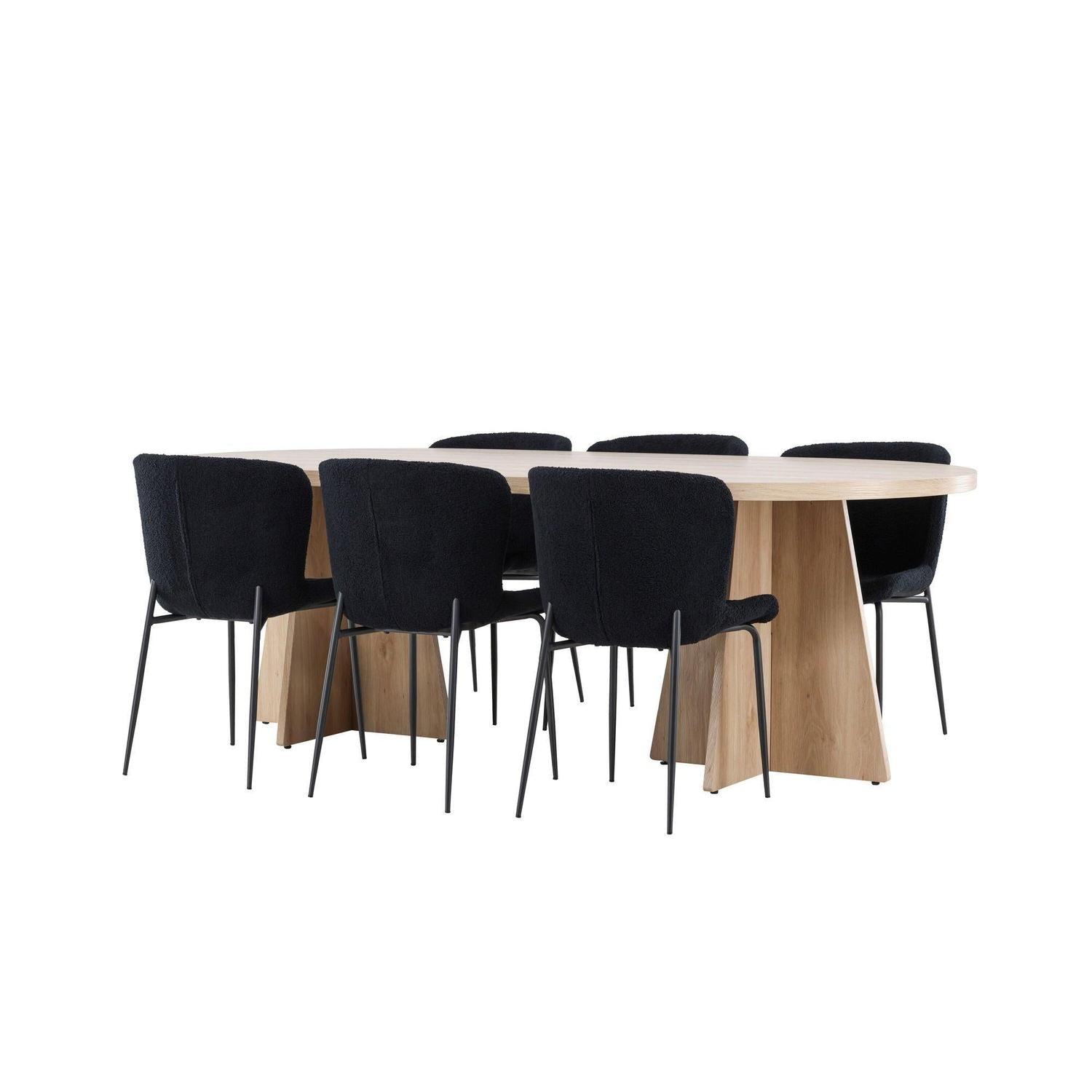 Essgruppe Esstisch Bootcut 230*115cm mit Stühlen Modesto aus Teddy-Bouclé - Hellbraun/Schwarz-Essgruppen Oval-Venture Home-le canapé