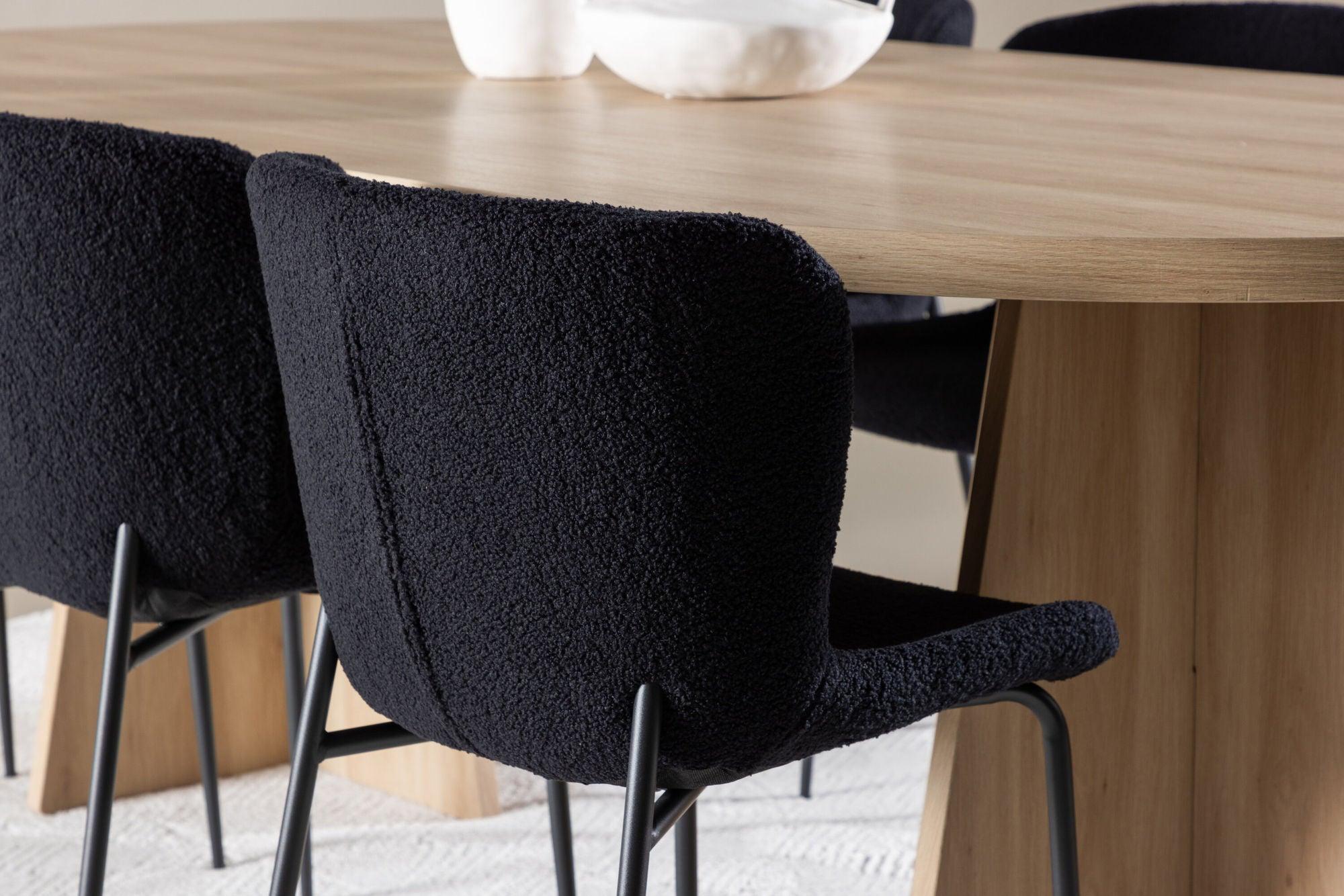 Essgruppe Esstisch Bootcut 230*115cm mit Stühlen Modesto aus Teddy-Bouclé - Hellbraun/Schwarz-Essgruppen Oval-Venture Home-le canapé