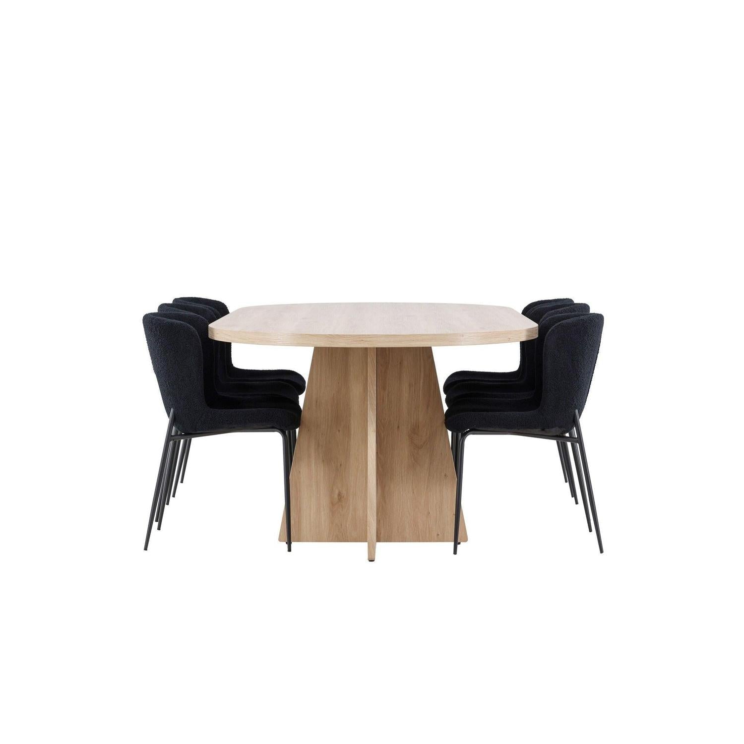 Essgruppe Esstisch Bootcut 230*115cm mit Stühlen Modesto aus Teddy-Bouclé - Hellbraun/Schwarz-Essgruppen Oval-Venture Home-le canapé