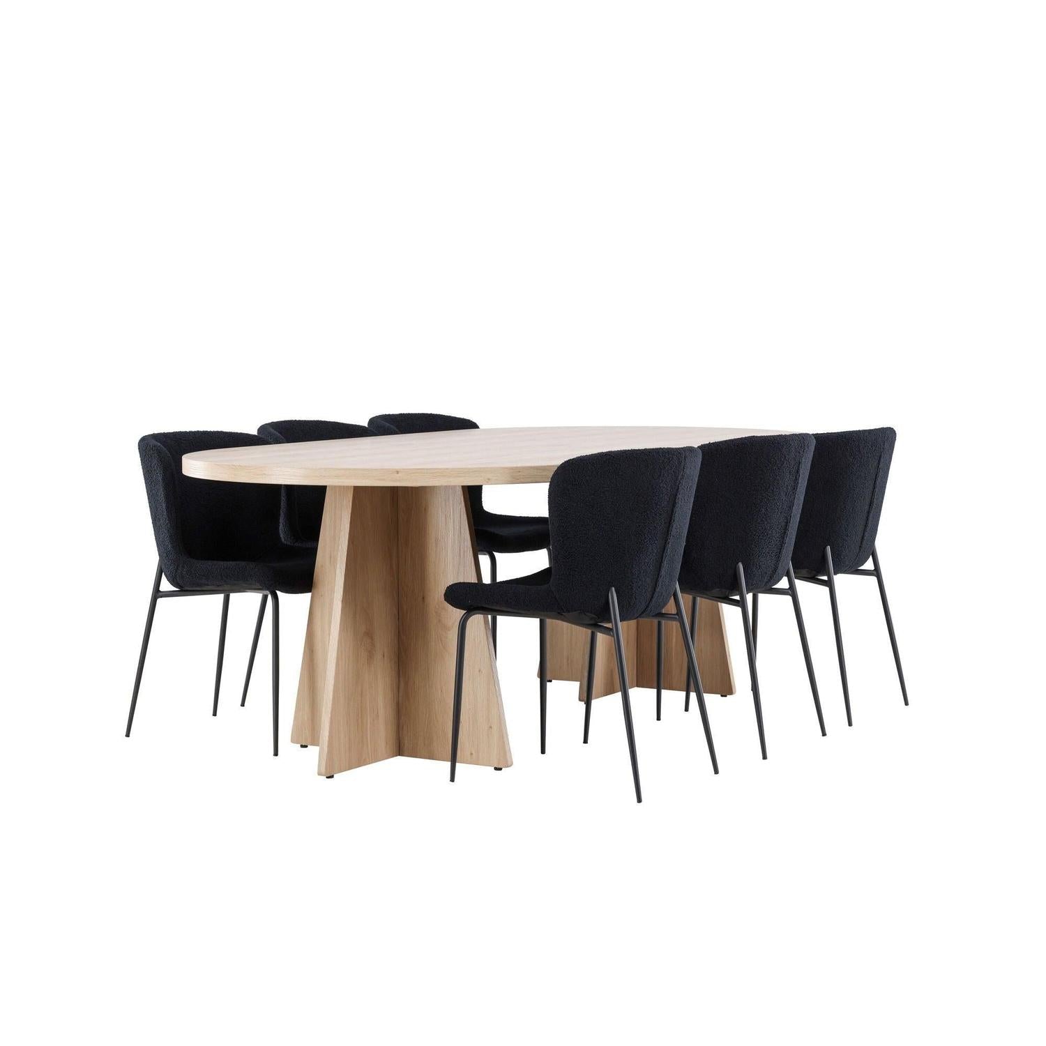 Essgruppe Esstisch Bootcut 230*115cm mit Stühlen Modesto aus Teddy-Bouclé - Hellbraun/Schwarz-Essgruppen Oval-Venture Home-le canapé