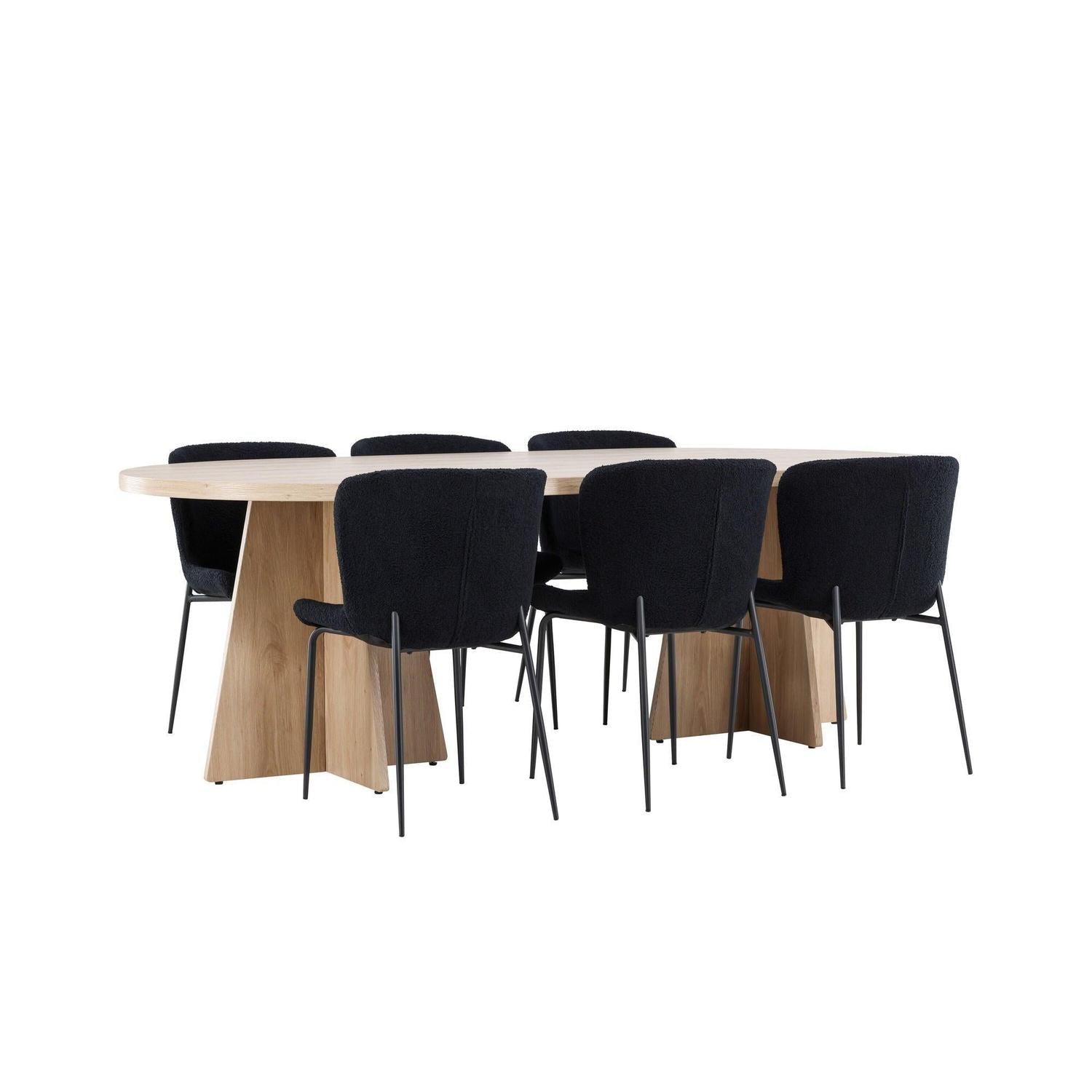 Essgruppe Esstisch Bootcut 230*115cm mit Stühlen Modesto aus Teddy-Bouclé - Hellbraun/Schwarz-Essgruppen Oval-Venture Home-le canapé
