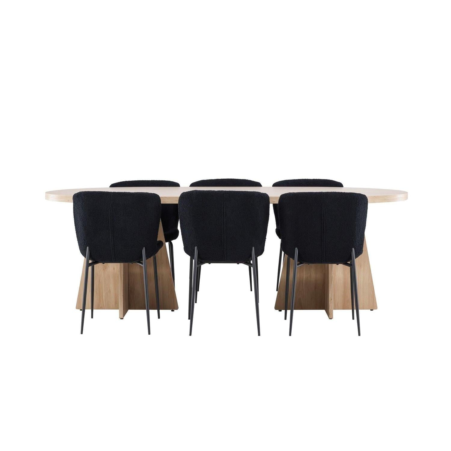 Essgruppe Esstisch Bootcut 230*115cm mit Stühlen Modesto aus Teddy-Bouclé - Hellbraun/Schwarz-Essgruppen Oval-Venture Home-le canapé
