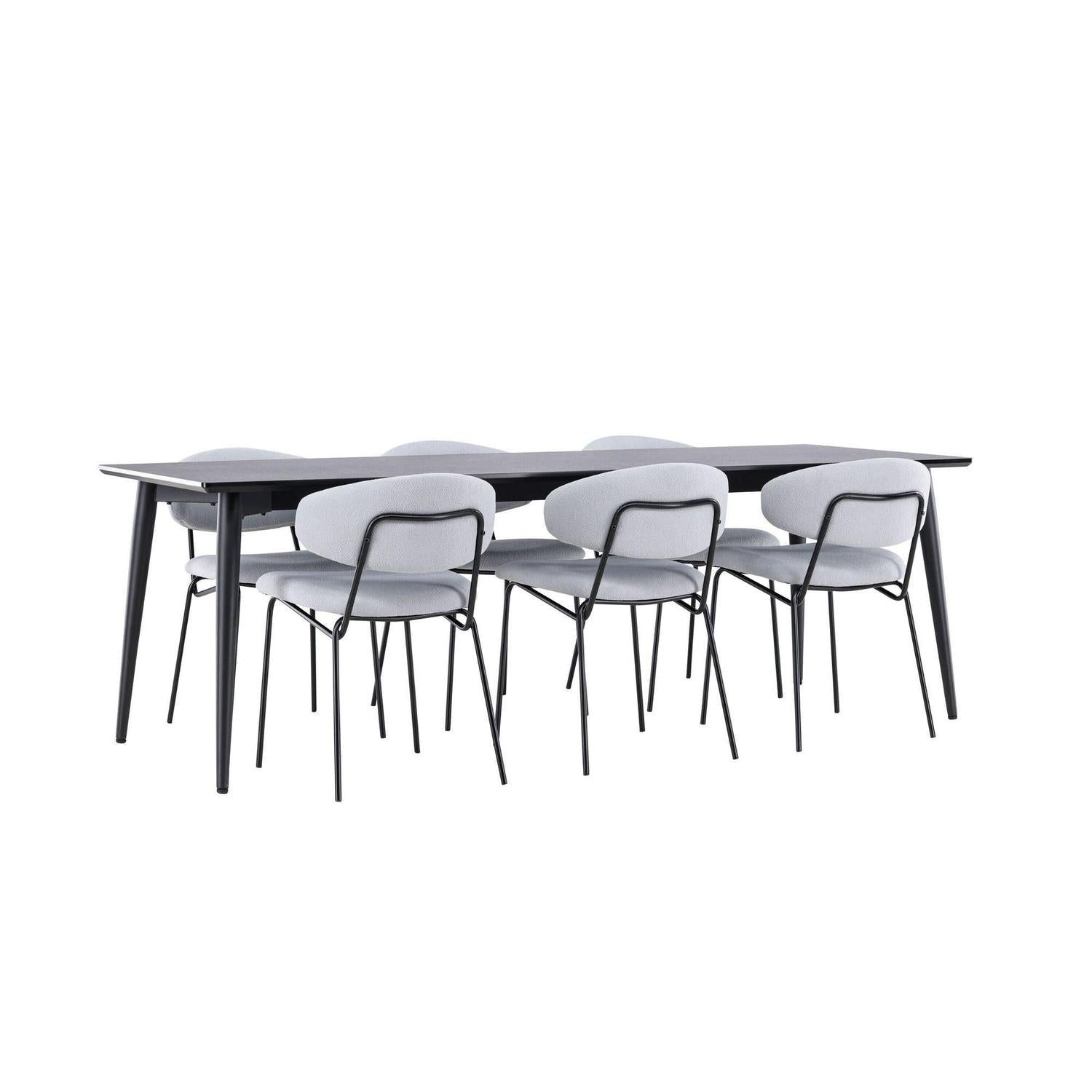 Essgruppe Esstisch Ellis 230*85cm mit Stühlen Chico aus Teddy-Bouclé - Schwarz/Grau-Essgruppen Rechteckig-Venture Home-le canapé