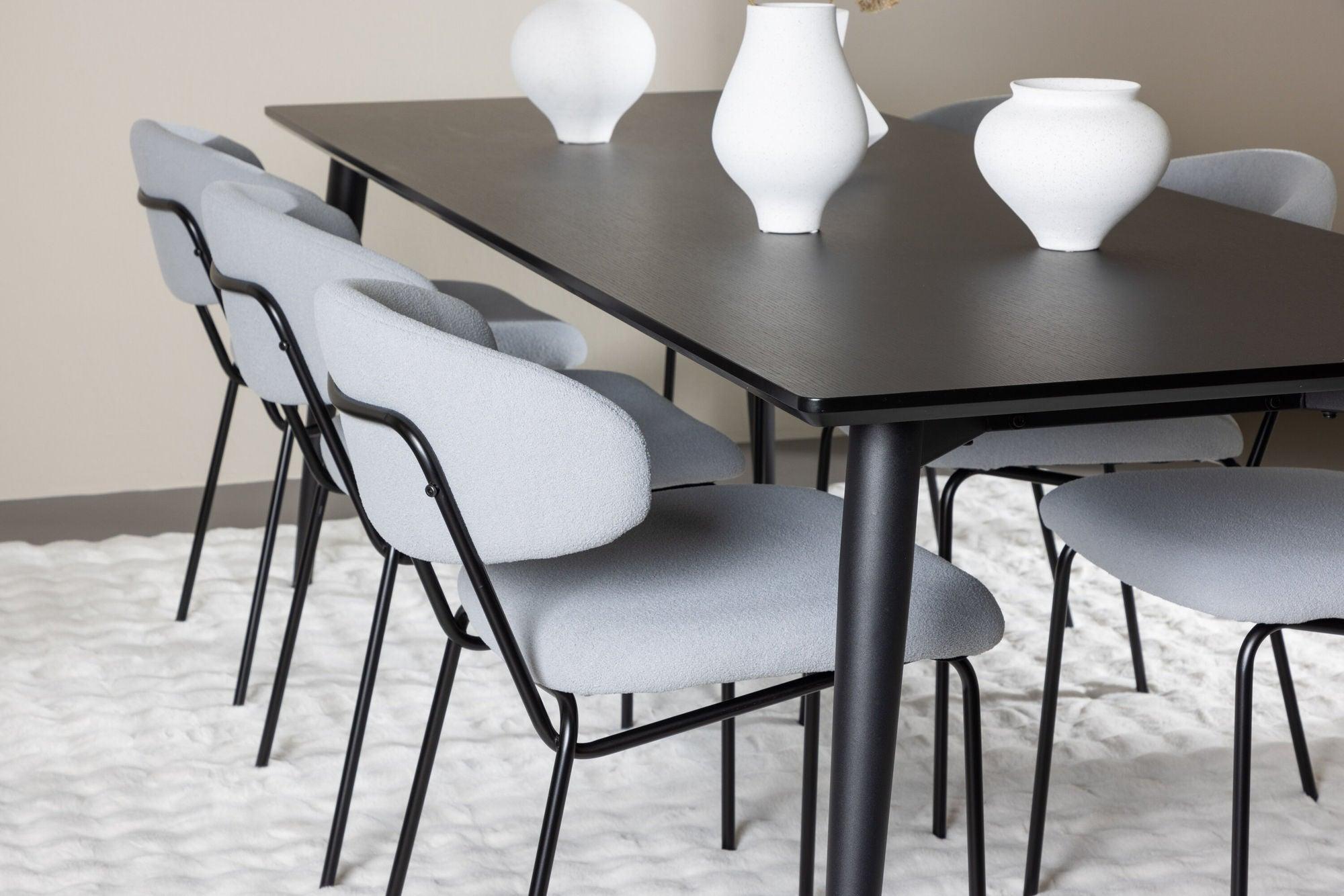 Essgruppe Esstisch Ellis 230*85cm mit Stühlen Chico aus Teddy-Bouclé - Schwarz/Grau-Essgruppen Rechteckig-Venture Home-le canapé