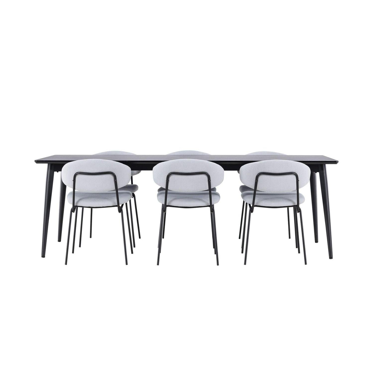 Essgruppe Esstisch Ellis 230*85cm mit Stühlen Chico aus Teddy-Bouclé - Schwarz/Grau-Essgruppen Rechteckig-Venture Home-le canapé