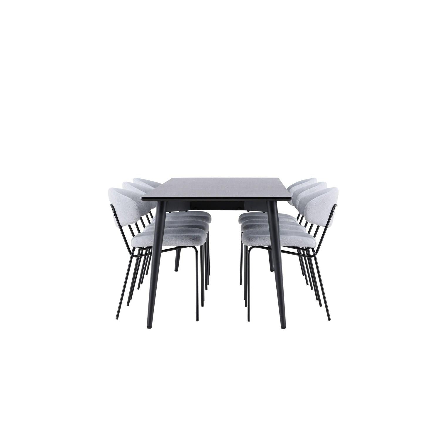 Essgruppe Esstisch Ellis 230*85cm mit Stühlen Chico aus Teddy-Bouclé - Schwarz/Grau-Essgruppen Rechteckig-Venture Home-le canapé