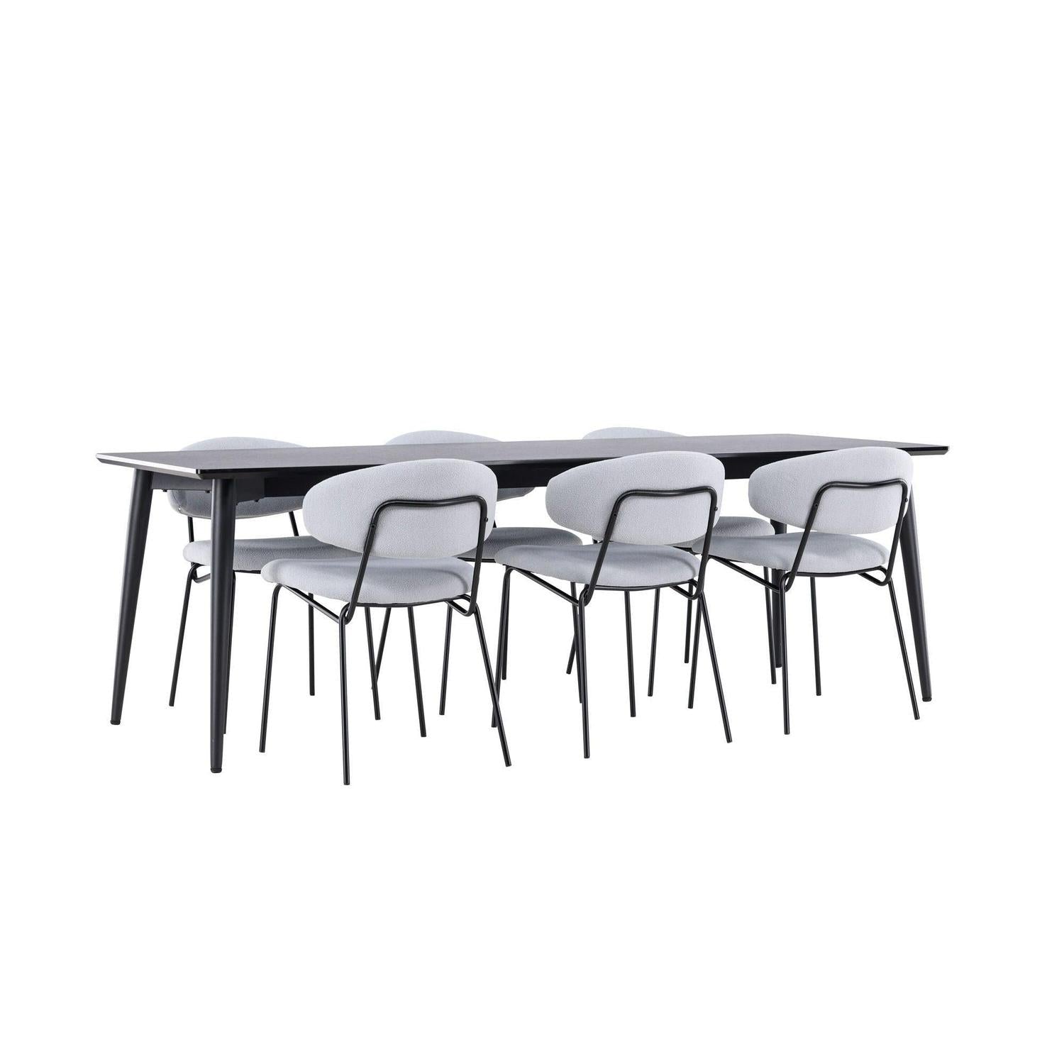 Essgruppe Esstisch Ellis 230*85cm mit Stühlen Chico aus Teddy-Bouclé - Schwarz/Grau-Essgruppen Rechteckig-Venture Home-le canapé