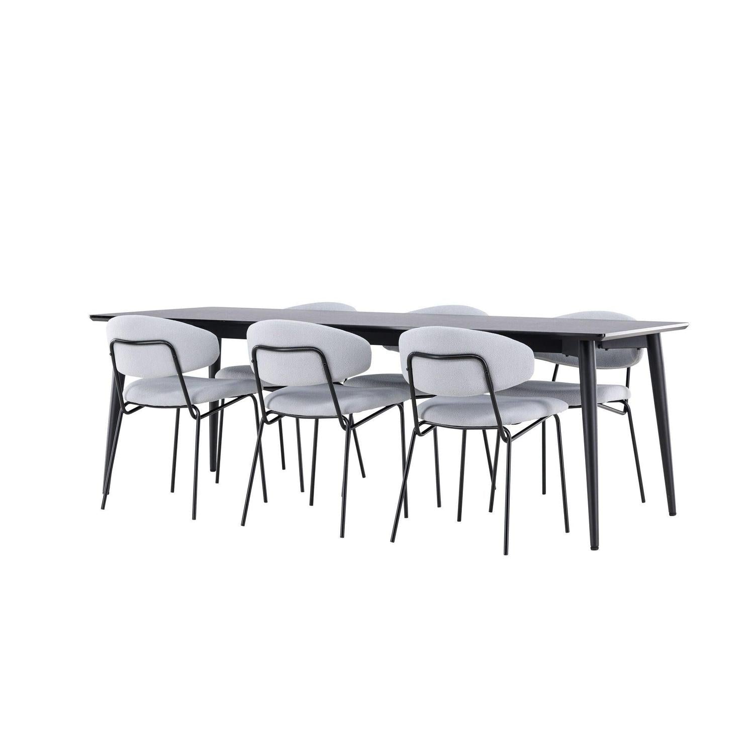 Essgruppe Esstisch Ellis 230*85cm mit Stühlen Chico aus Teddy-Bouclé - Schwarz/Grau-Essgruppen Rechteckig-Venture Home-le canapé