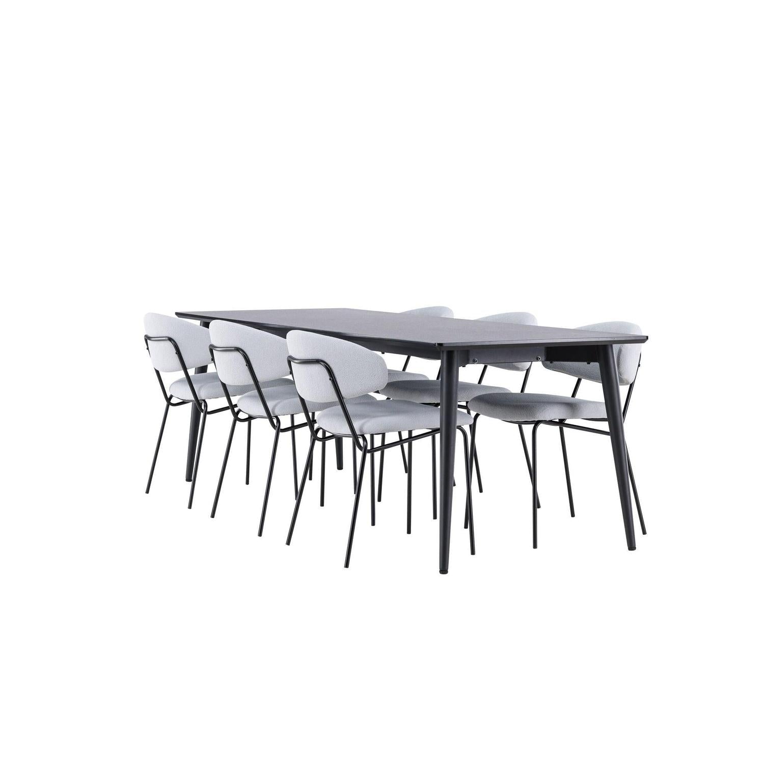 Essgruppe Esstisch Ellis 230*85cm mit Stühlen Chico aus Teddy-Bouclé - Schwarz/Grau-Essgruppen Rechteckig-Venture Home-le canapé