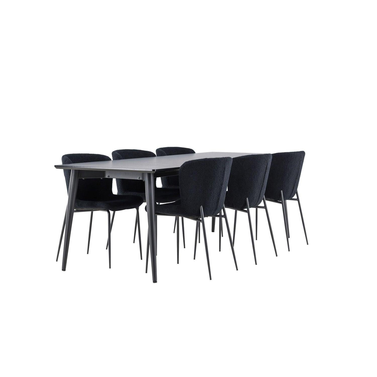 Essgruppe Esstisch Ellis 230*85cm mit Stühlen Modesto aus Teddy-Bouclé - Schwarz-Essgruppe Rechteckig-Venture Home-le canapé