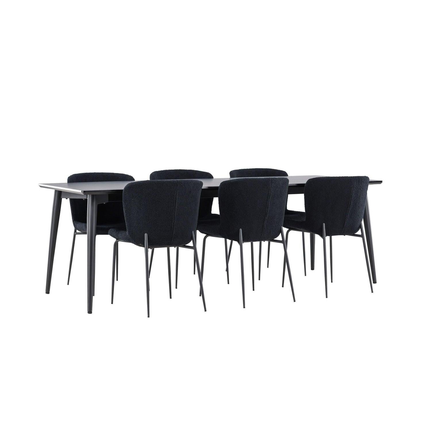 Essgruppe Esstisch Ellis 230*85cm mit Stühlen Modesto aus Teddy-Bouclé - Schwarz-Essgruppe Rechteckig-Venture Home-le canapé