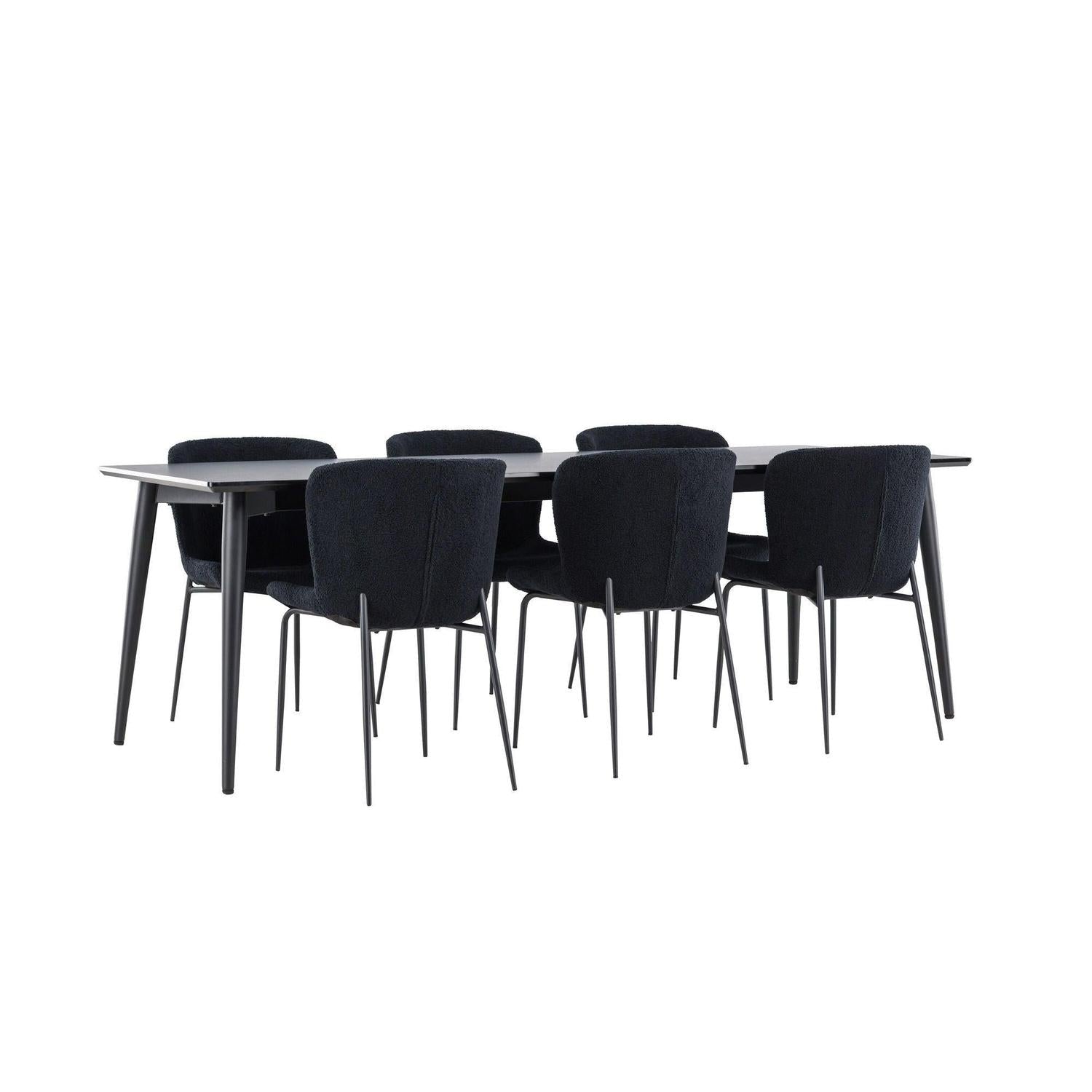 Essgruppe Esstisch Ellis 230*85cm mit Stühlen Modesto aus Teddy-Bouclé - Schwarz-Essgruppe Rechteckig-Venture Home-le canapé