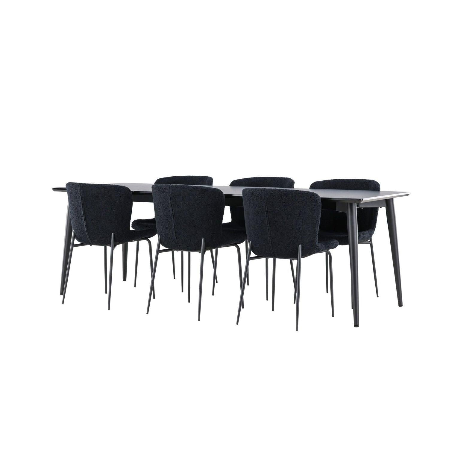 Essgruppe Esstisch Ellis 230*85cm mit Stühlen Modesto aus Teddy-Bouclé - Schwarz-Essgruppe Rechteckig-Venture Home-le canapé
