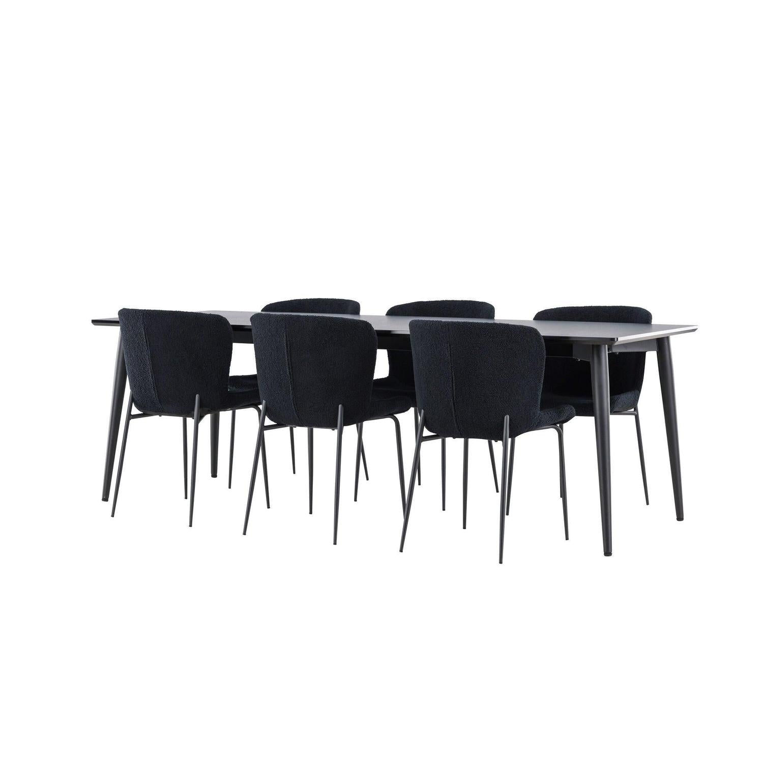 Essgruppe Esstisch Ellis 230*85cm mit Stühlen Modesto aus Teddy-Bouclé - Schwarz-Essgruppen Rechteckig-Venture Home-le canapé