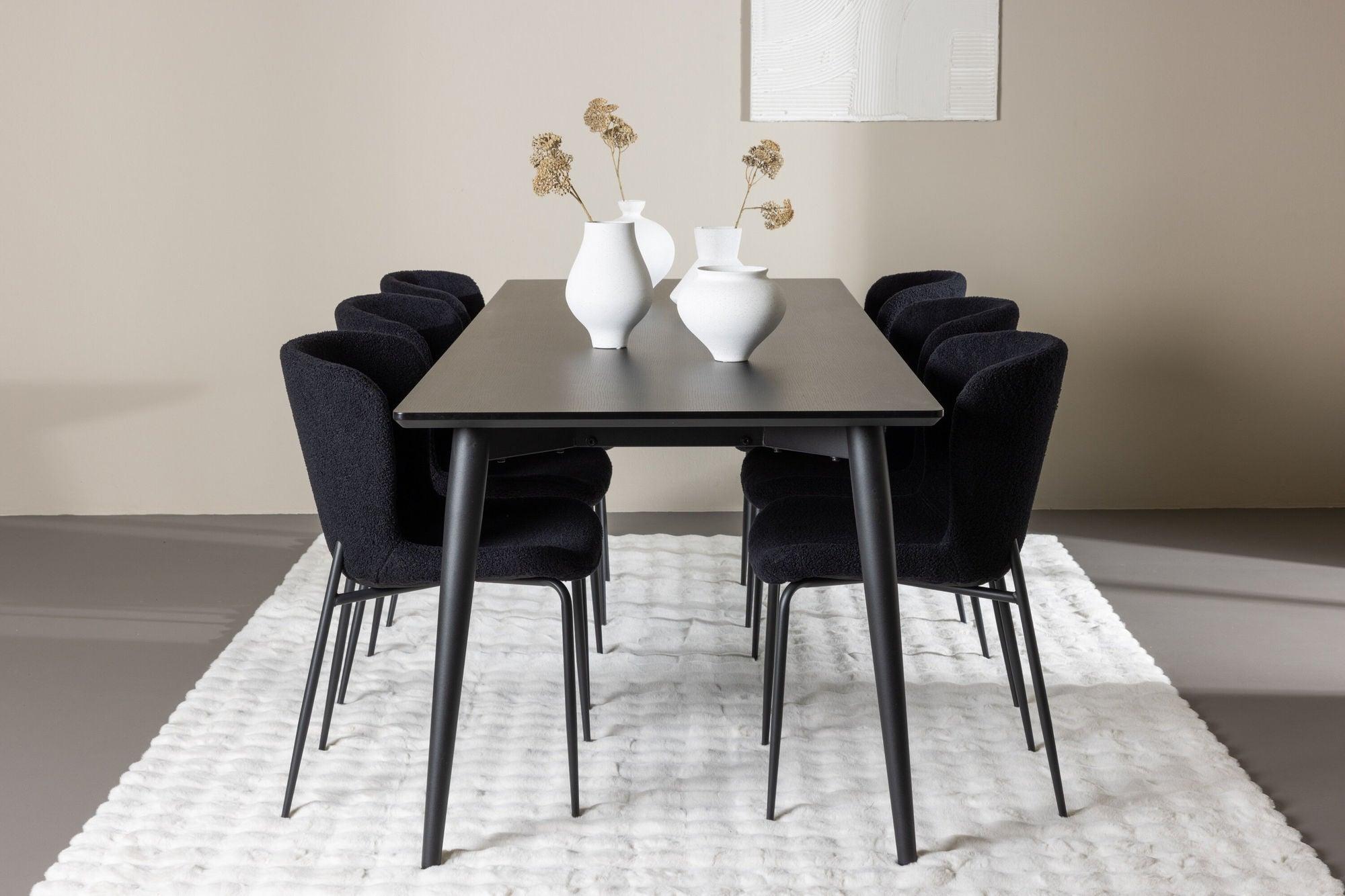 Essgruppe Esstisch Ellis 230*85cm mit Stühlen Modesto aus Teddy-Bouclé - Schwarz-Essgruppen Rechteckig-Venture Home-le canapé