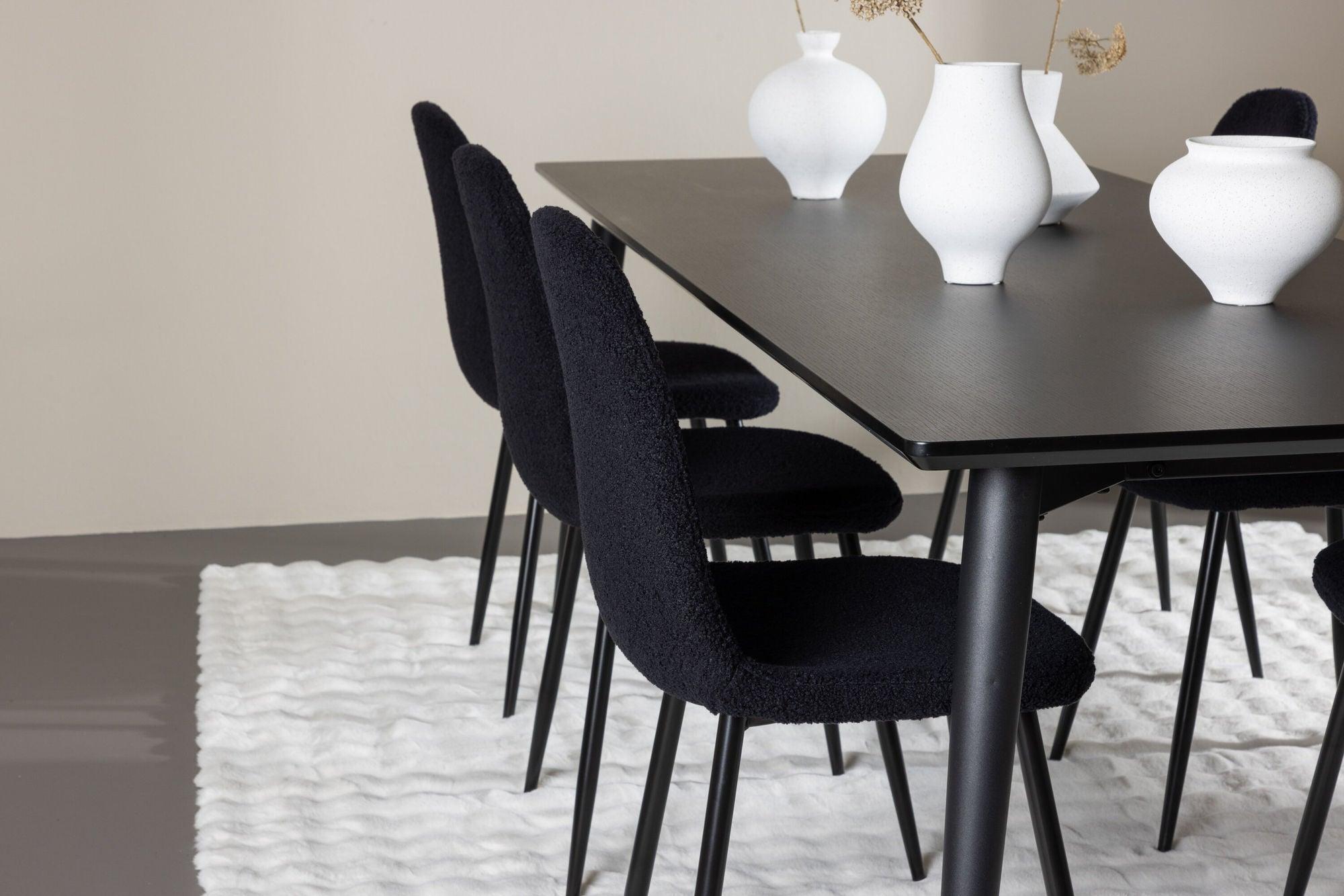 Essgruppe Esstisch Ellis 230*85cm mit Stühlen Polar aus Teddy- Bouclé - Schwarz-Essgruppe Rechteckig-Venture Home-le canapé
