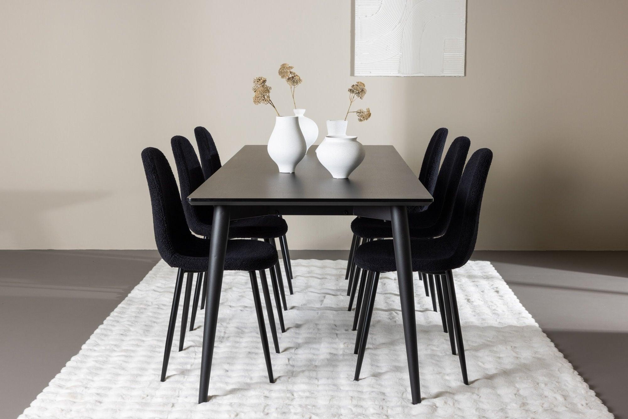 Essgruppe Esstisch Ellis 230*85cm mit Stühlen Polar aus Teddy- Bouclé - Schwarz-Essgruppen Rechteckig-Venture Home-le canapé