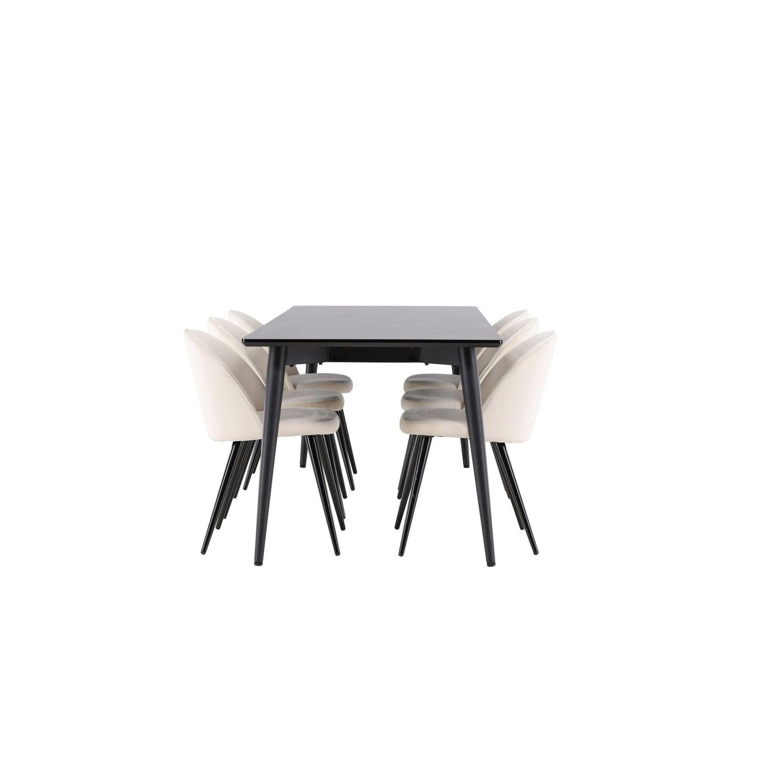 Essgruppe Esstisch Ellis 230*85cm mit Stühlen Velvet aus Samt - Schwarz/Beige-Essgruppen Rechteckig-Venture Home-le canapé