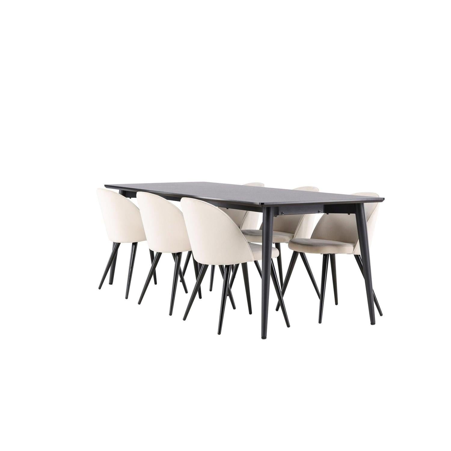 Essgruppe Esstisch Ellis 230*85cm mit Stühlen Velvet aus Samt - Schwarz/Beige-Essgruppen Rechteckig-Venture Home-le canapé