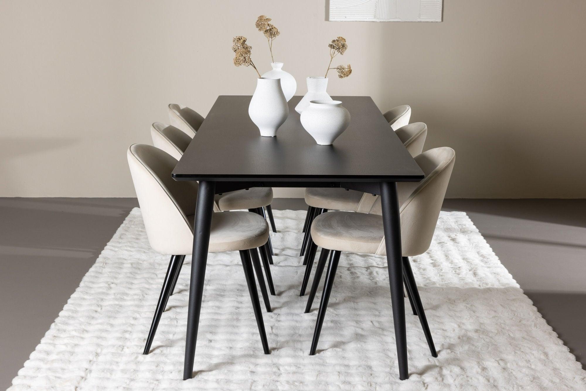 Essgruppe Esstisch Ellis 230*85cm mit Stühlen Velvet aus Samt - Schwarz/Beige-Essgruppen Rechteckig-Venture Home-le canapé