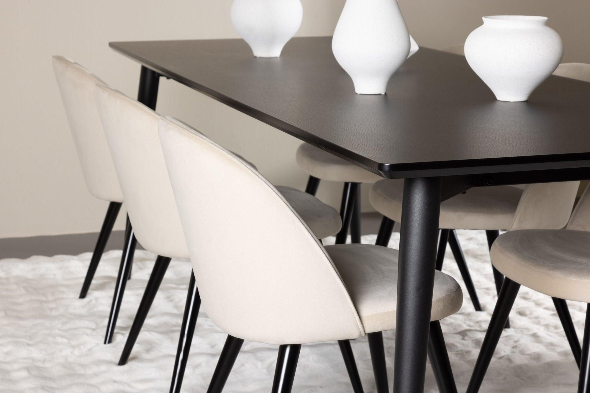 Essgruppe Esstisch Ellis 230*85cm mit Stühlen Velvet aus Samt - Schwarz/Beige-Essgruppen Rechteckig-Venture Home-le canapé