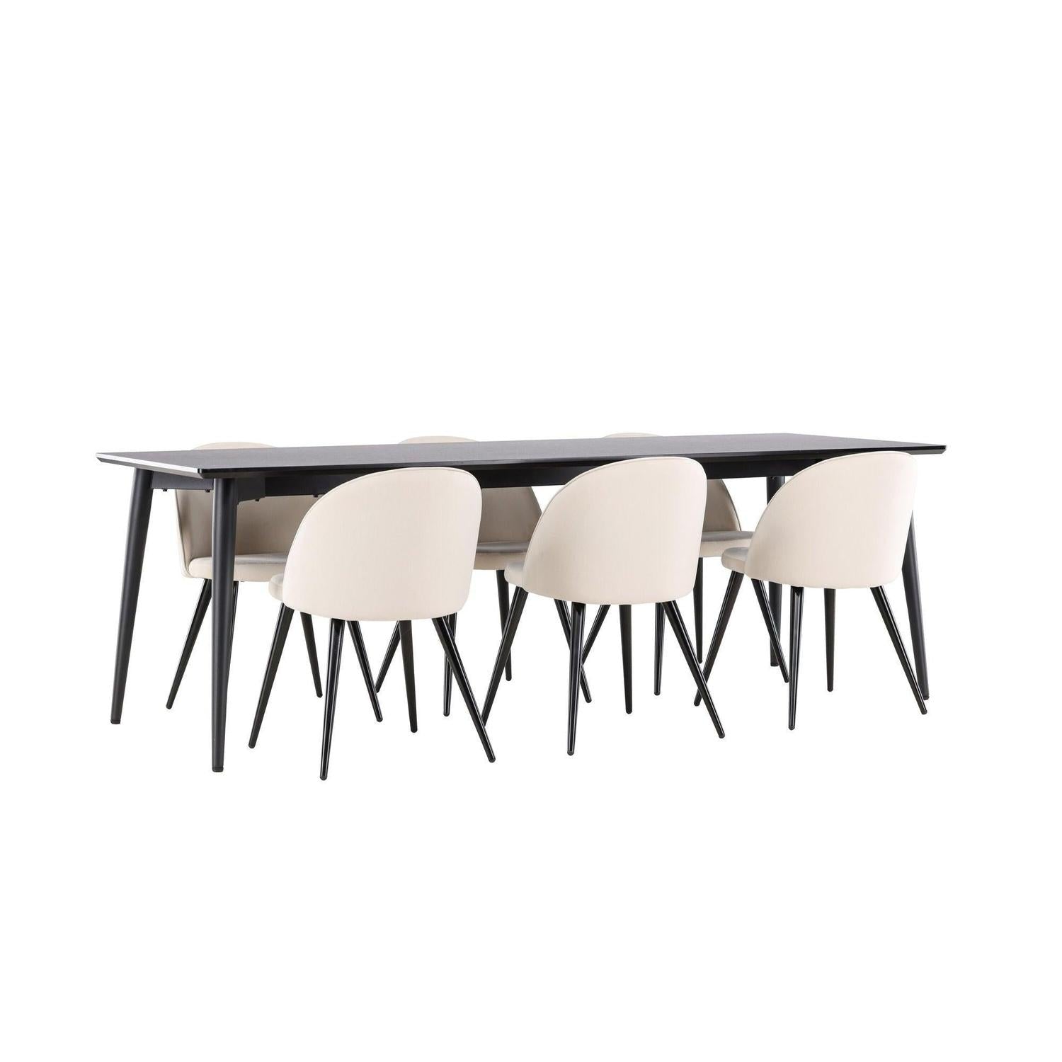Essgruppe Esstisch Ellis 230*85cm mit Stühlen Velvet aus Samt - Schwarz/Beige-Essgruppen Rechteckig-Venture Home-le canapé