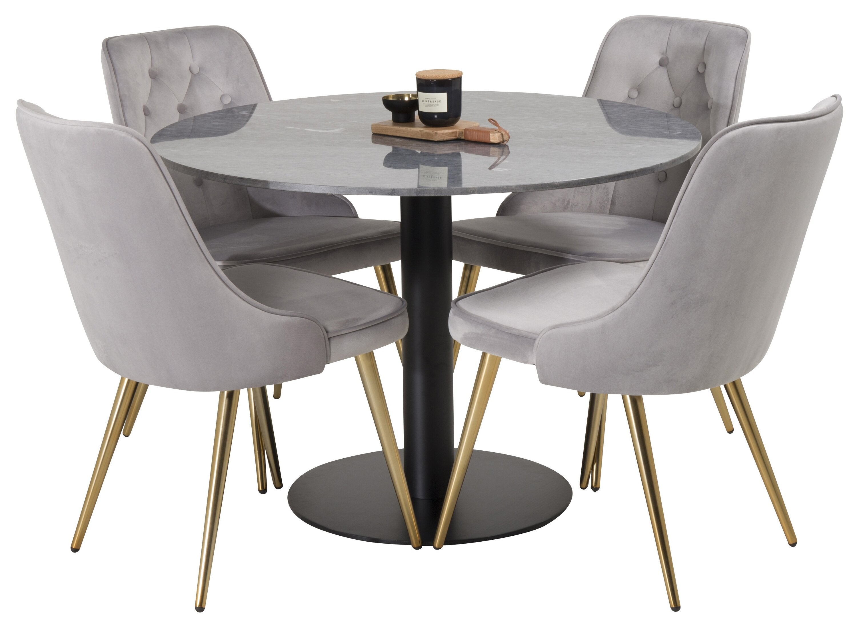 Essgruppe Esstisch Estelle ⌀106 mit Stühlen Samt - Grau-Essgruppen-Venture Home-le canapé