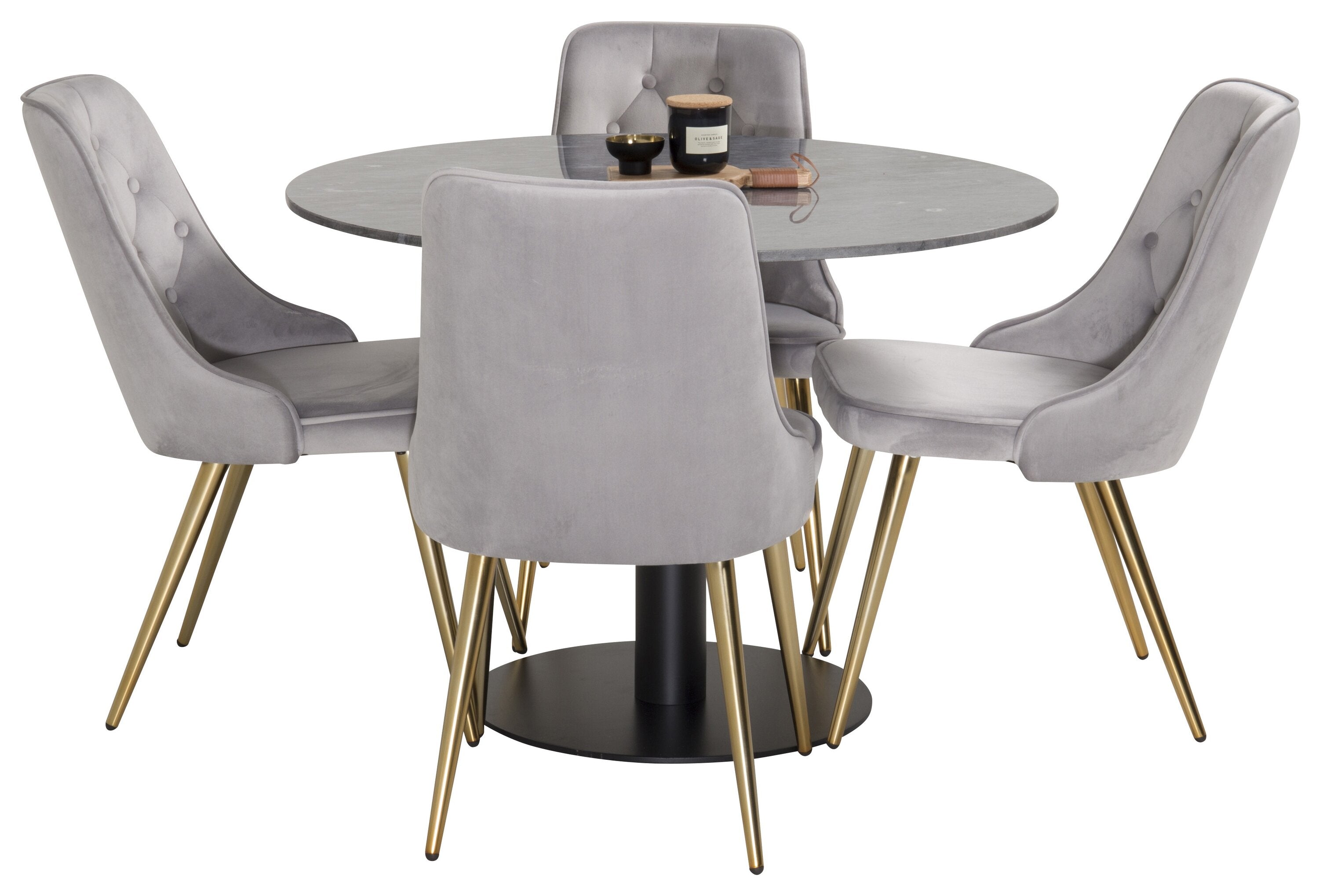 Essgruppe Esstisch Estelle ⌀106 mit Stühlen Samt - Grau-Essgruppen-Venture Home-le canapé