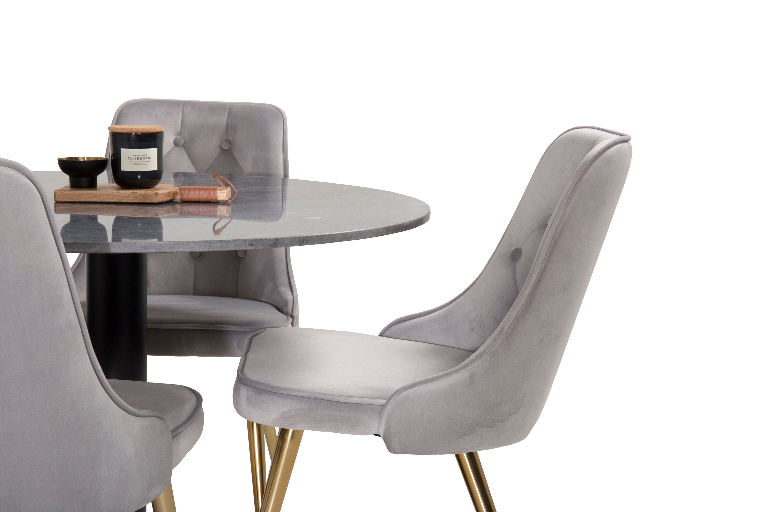 Essgruppe Esstisch Estelle ⌀106 mit Stühlen Samt - Grau-Essgruppen-Venture Home-le canapé